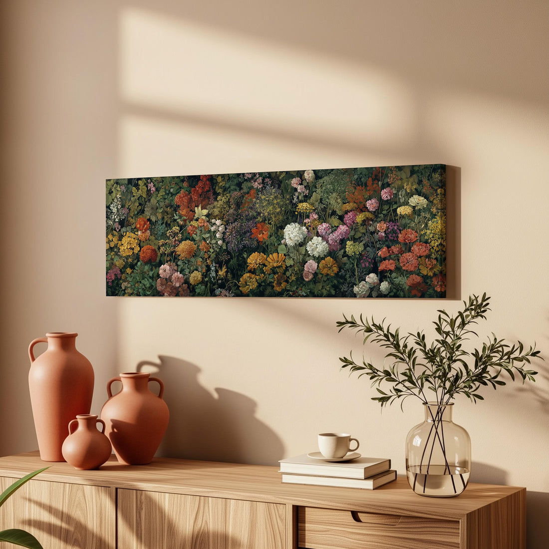 a wooden cabinet with a vase of greenery, a coffee cup, and a stack of books on top. Above the cabinet, there is a large painting depicting a vibrant floral scene.