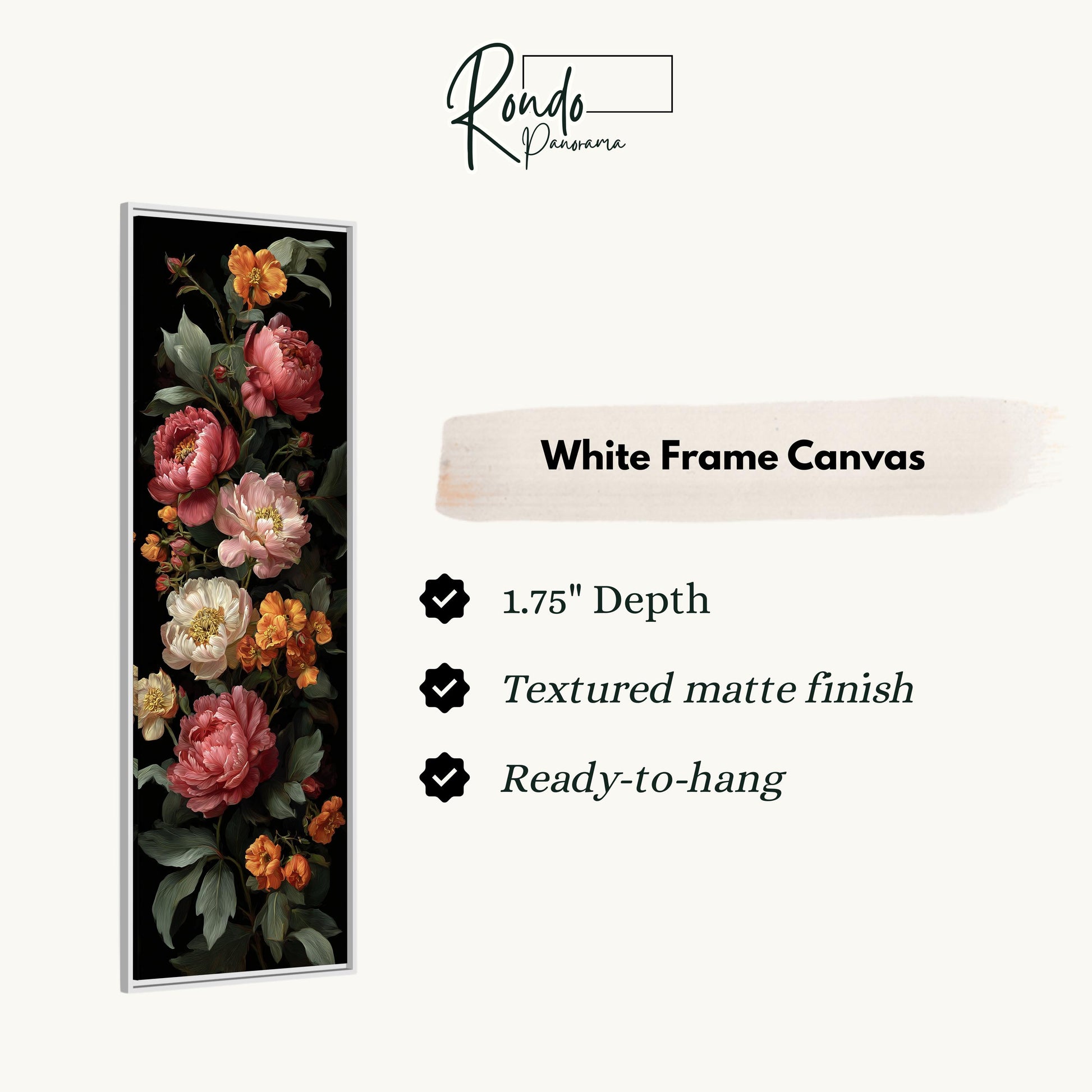 The image is a white frame canvas featuring a vertical arrangement of pink and white flowers against a dark background.
