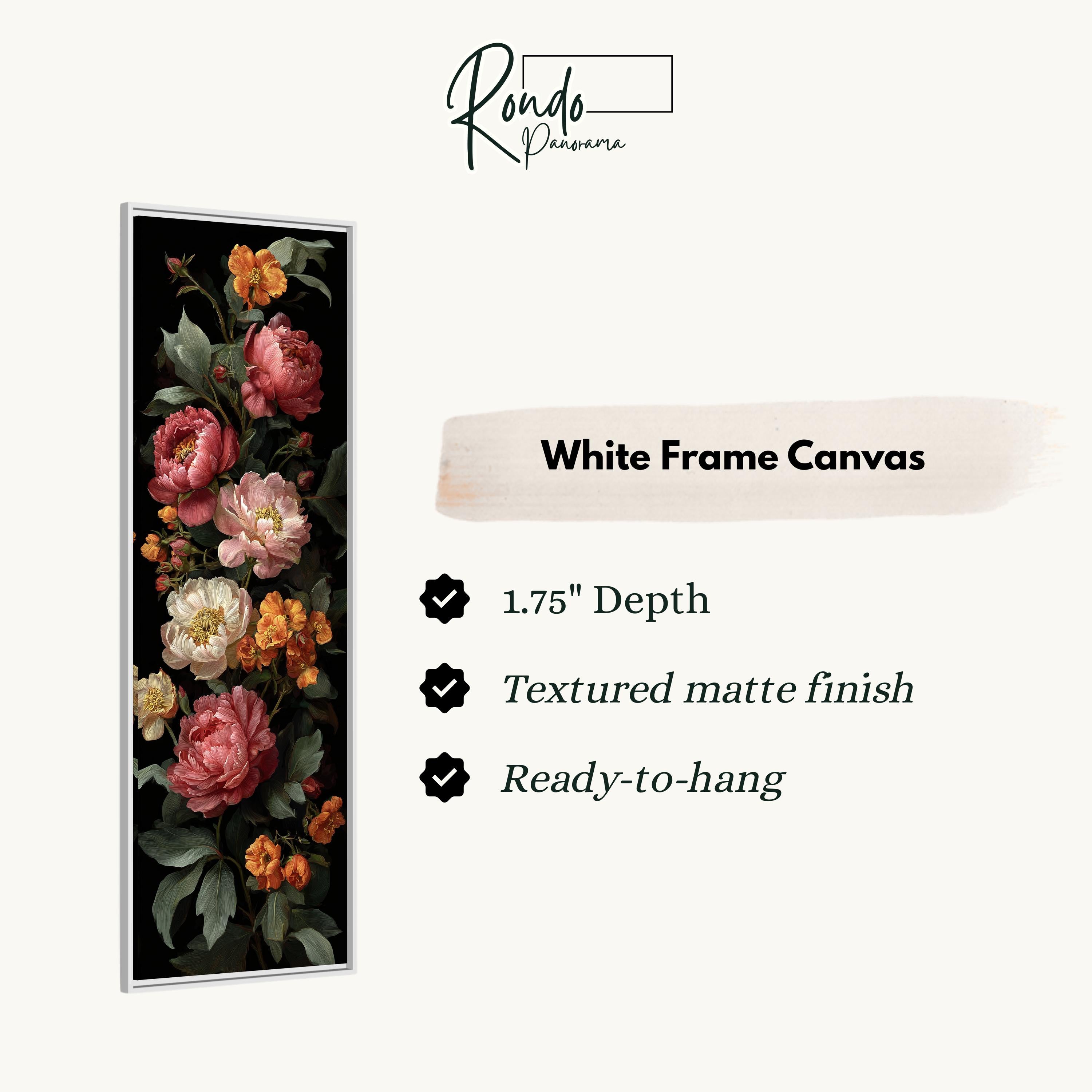 The image is a white frame canvas featuring a vertical arrangement of pink and white flowers against a dark background.