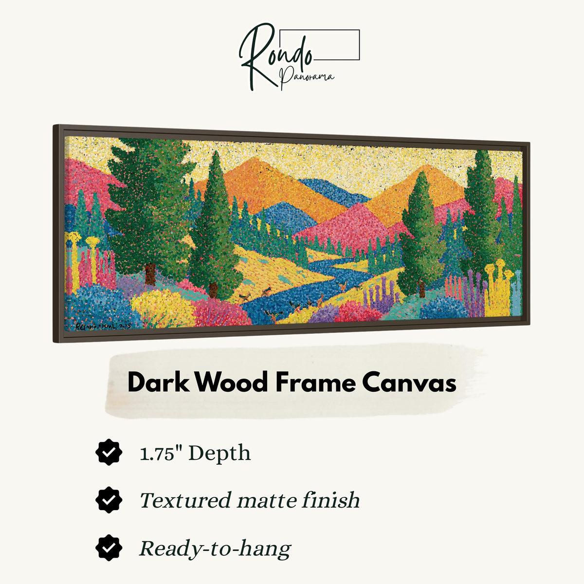 Colorful pine mountain valley canvas print in a dark wood floating frame