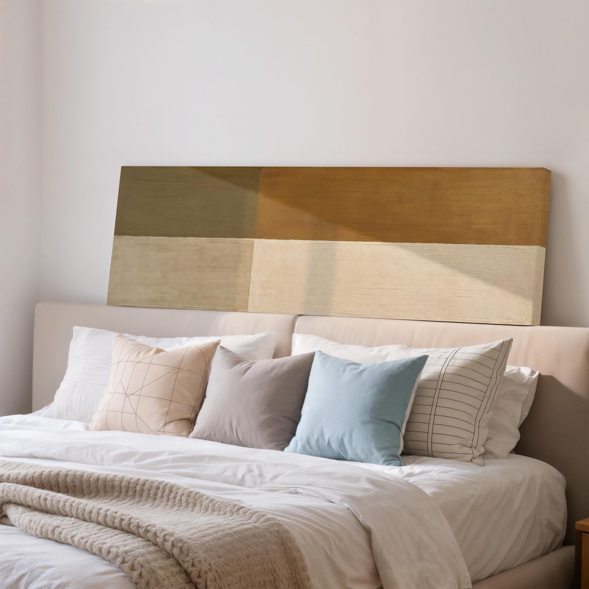 Olive and cream quadrants wide panoramic canvas print above a bed in a bedroom
