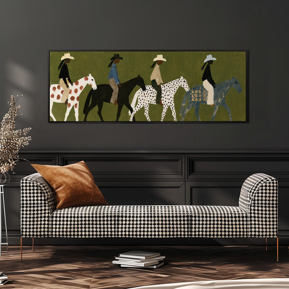 Riders on spotted ponies on olive green long horizontal canvas print above a dining table