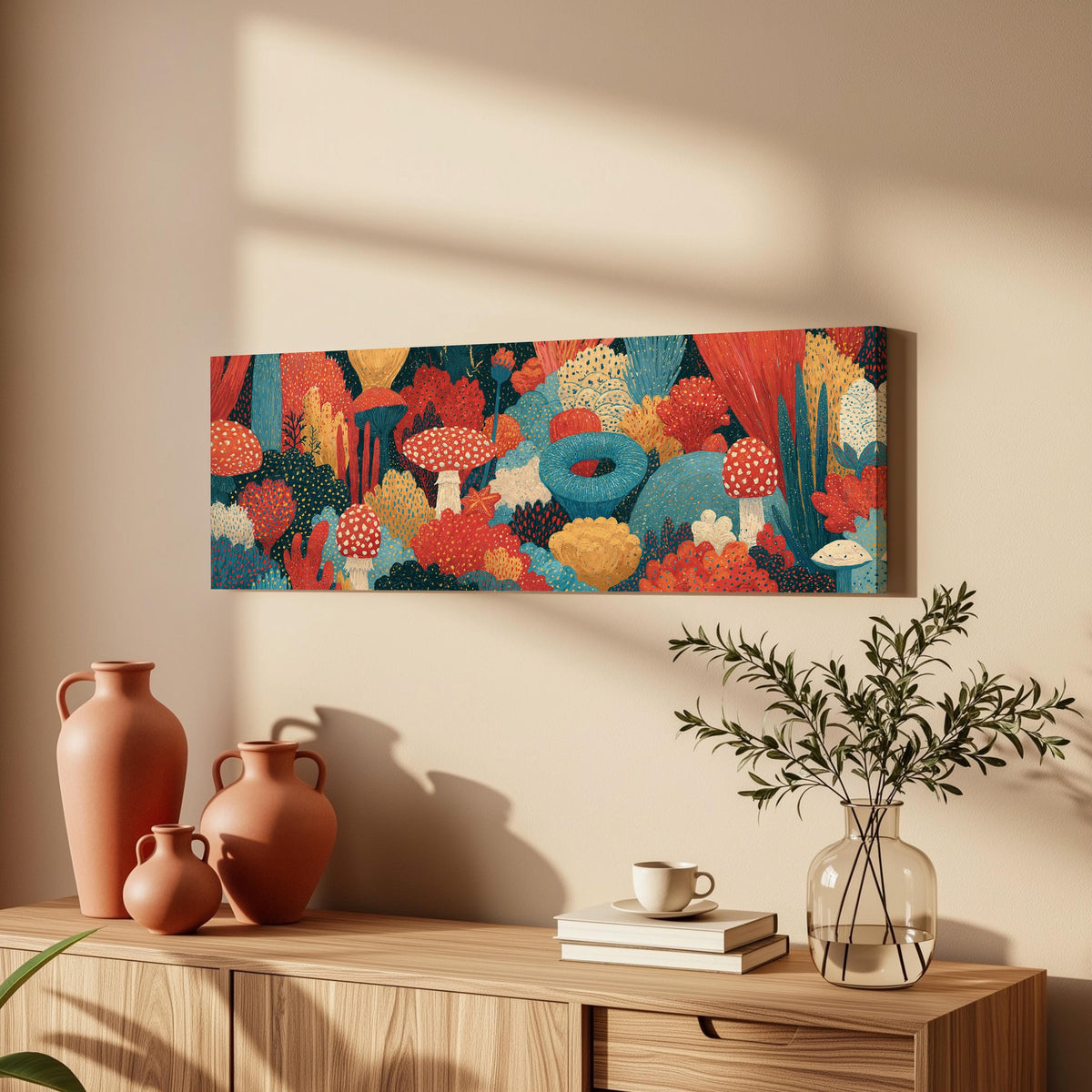 Mushroom and flower garden on teal long horizontal canvas print above a wooden sideboard