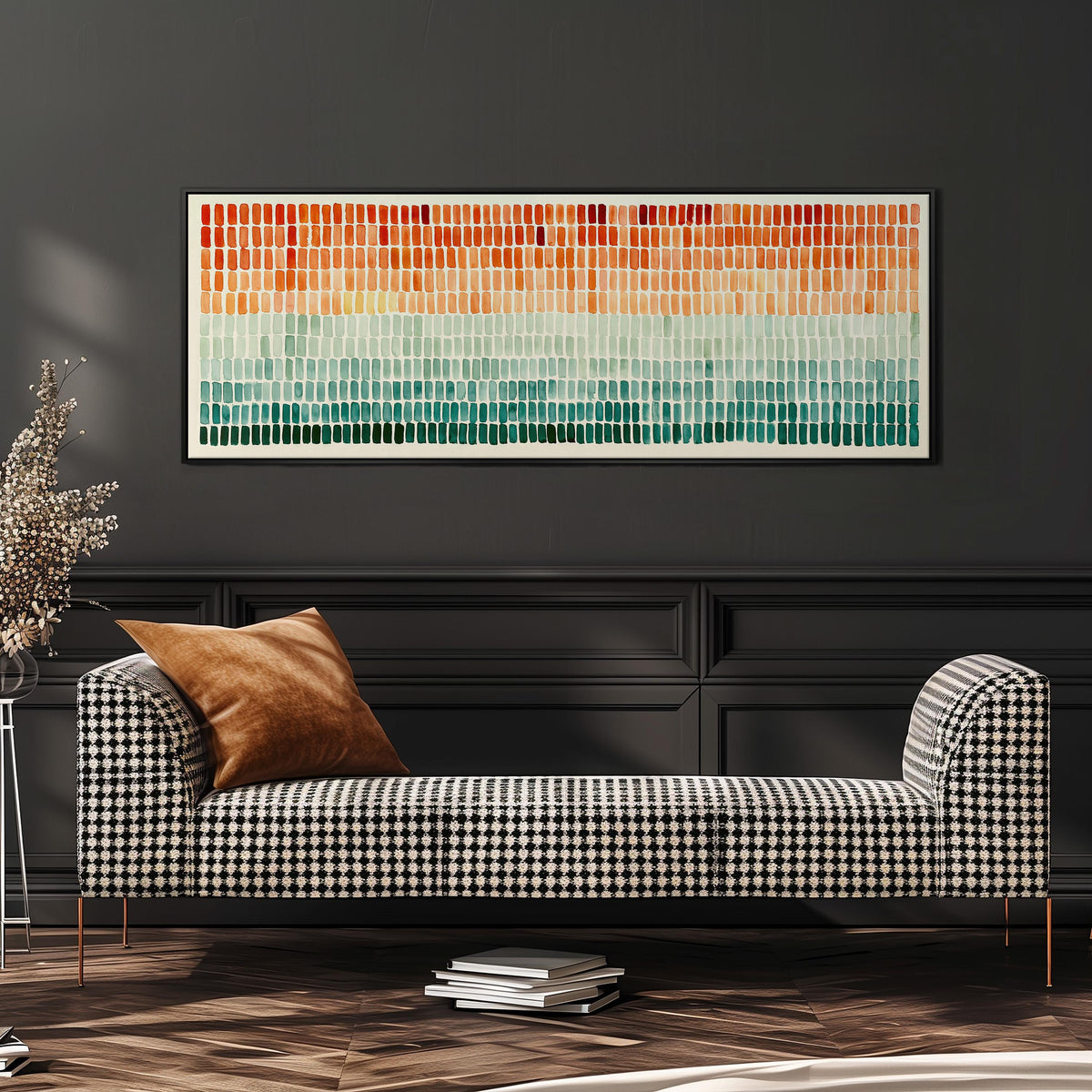 Brushmarks fading from orange to teal wide panoramic canvas print above a bench in a dark living room
