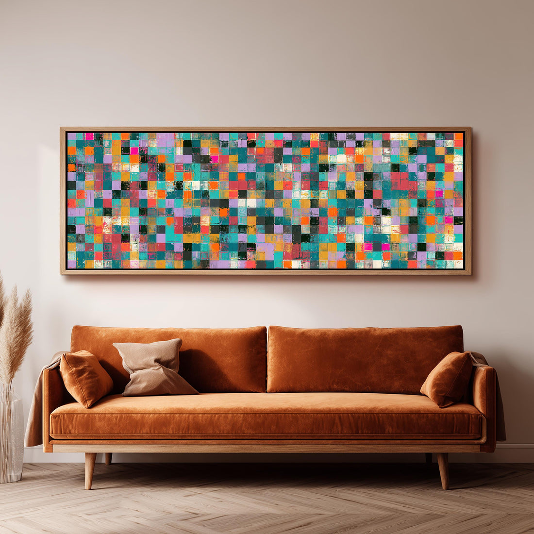 Jewel tone checker mosaic long horizontal canvas print above a sofa in a living room