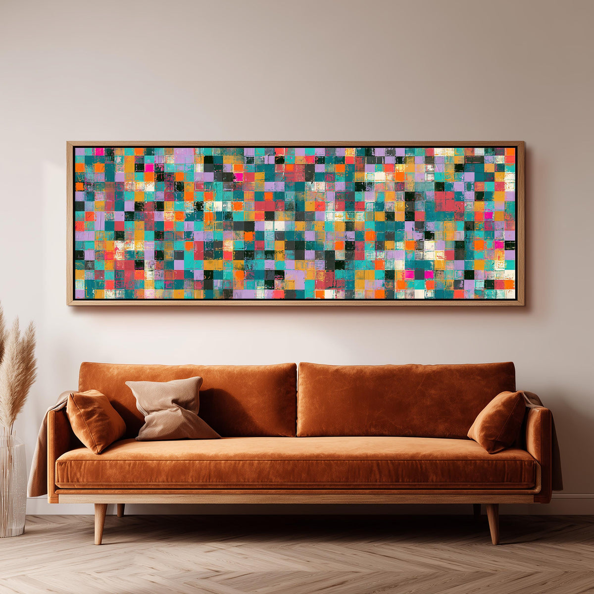 Jewel tone checker mosaic long horizontal canvas print above a sofa in a living room