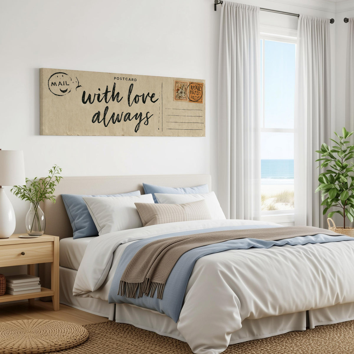 Vintage postcard saying with love always panoramic canvas print above a bed in a coastal bedroom