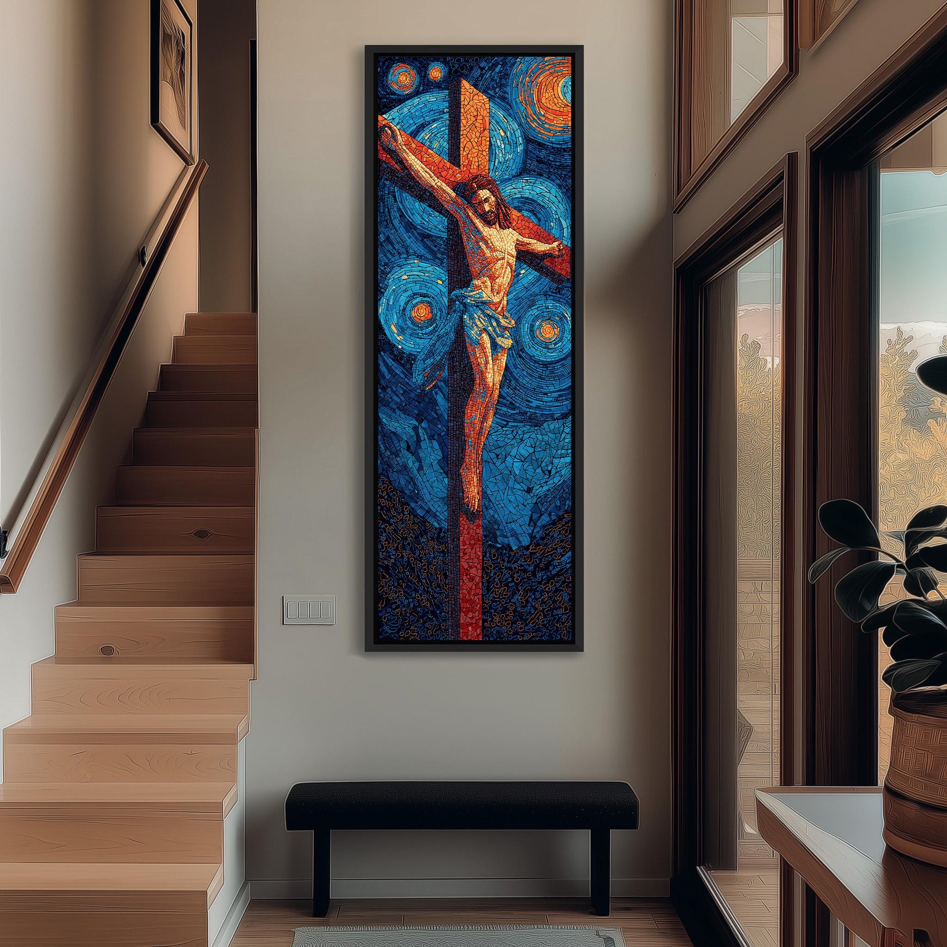 a large, colorful painting of Jesus Christ on the cross hanging on the wall of a room with wooden stairs and a bench.