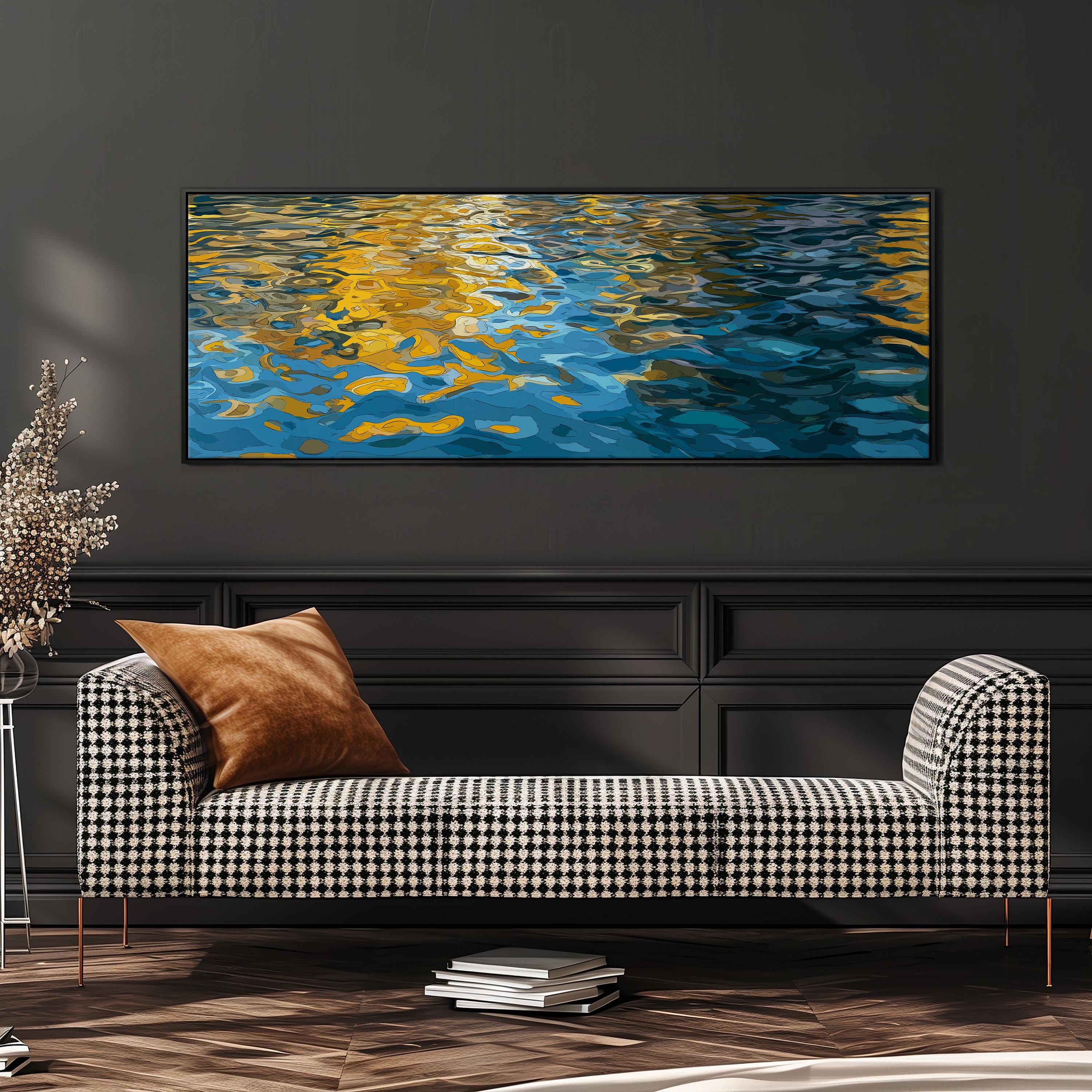 a black and white checkered sofa with a brown throw pillow, positioned in front of a large painting depicting a serene water scene with blue and yellow reflections.