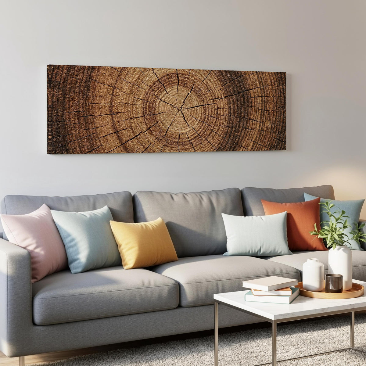 Warm oak wood ring panoramic canvas print above a grey sofa in a living room