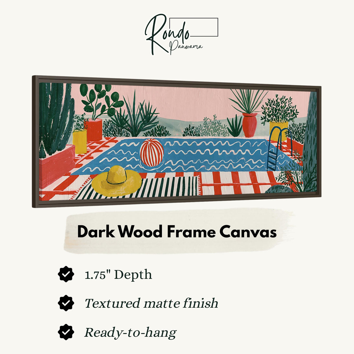 Colorful poolside courtyard canvas print in a dark wood floating frame