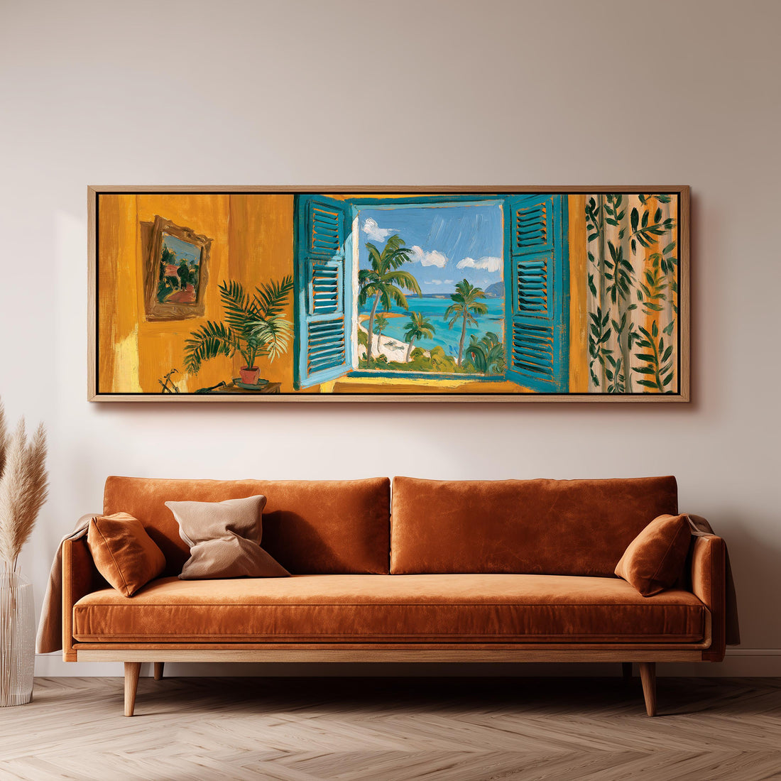 Tropical beach and palms through an open window long horizontal canvas print above a sofa in a living room