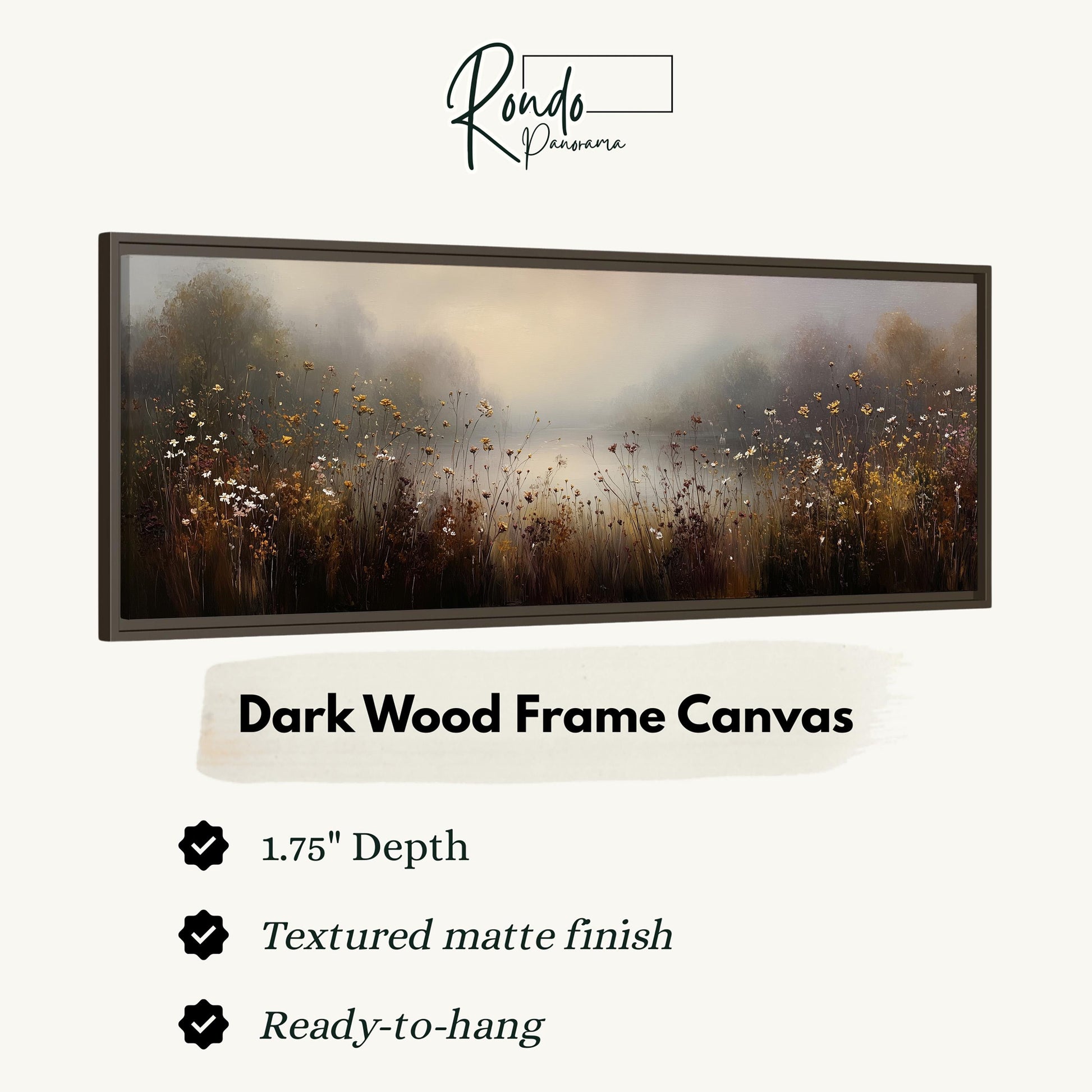 The image is a framed artwork depicting a field of flowers with a misty background.