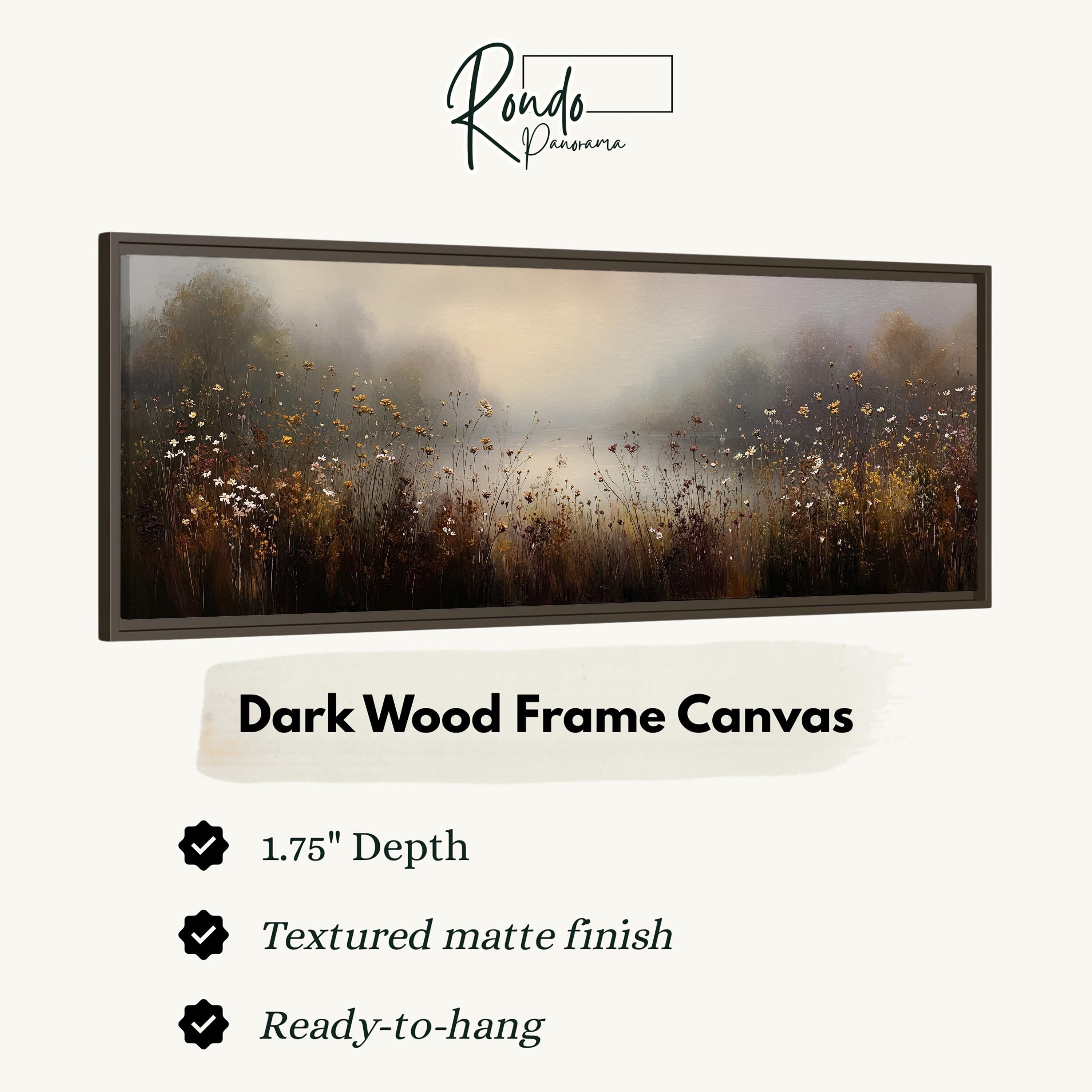 The image is a framed artwork depicting a field of flowers with a misty background.