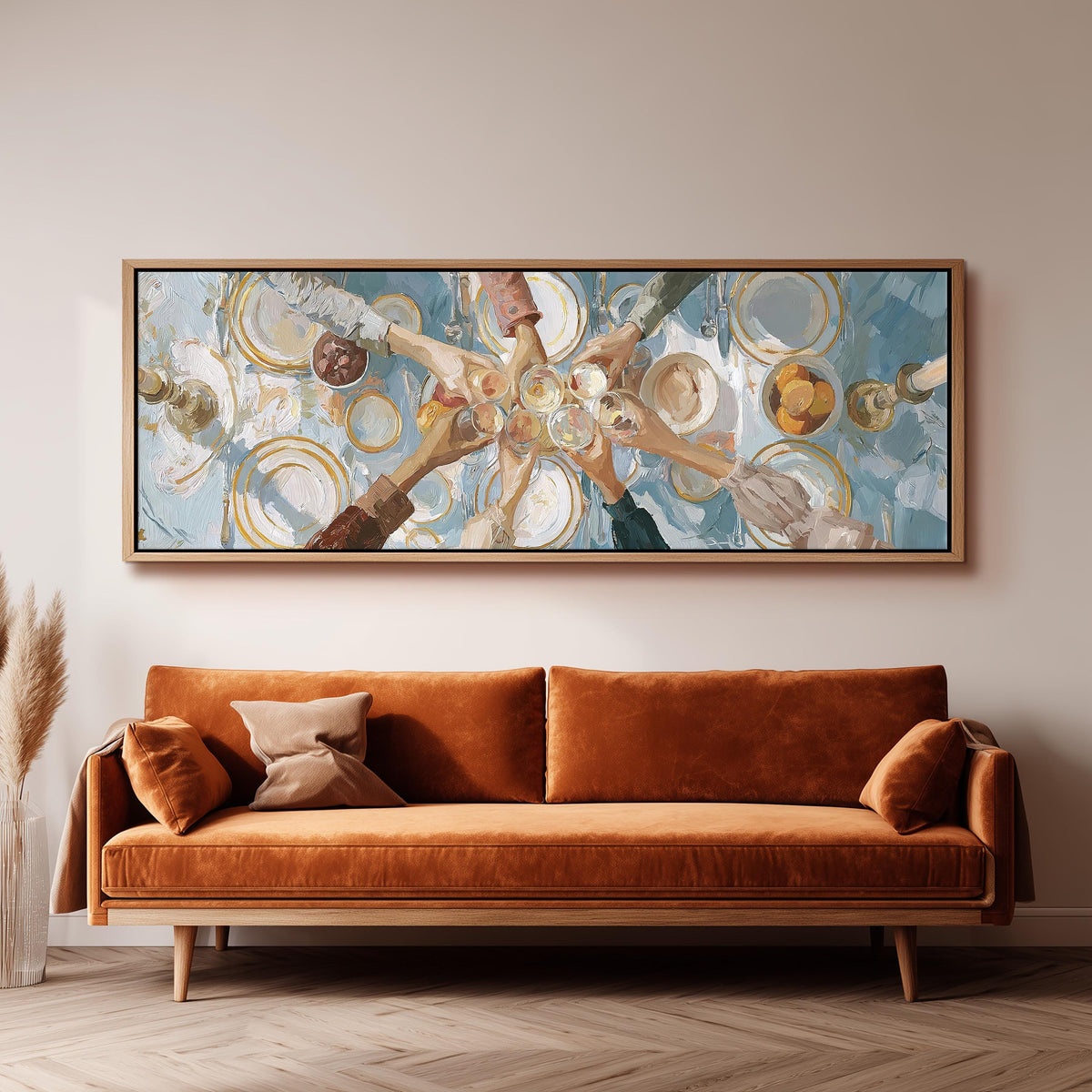 Elegant wine toast over a linen table panoramic canvas print above a sofa in a living room
