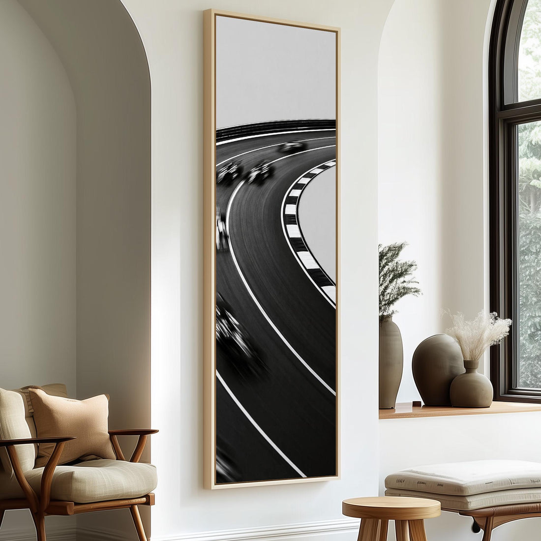 Race cars on a curved track with checkered edge long vertical canvas print in a sunlit living space