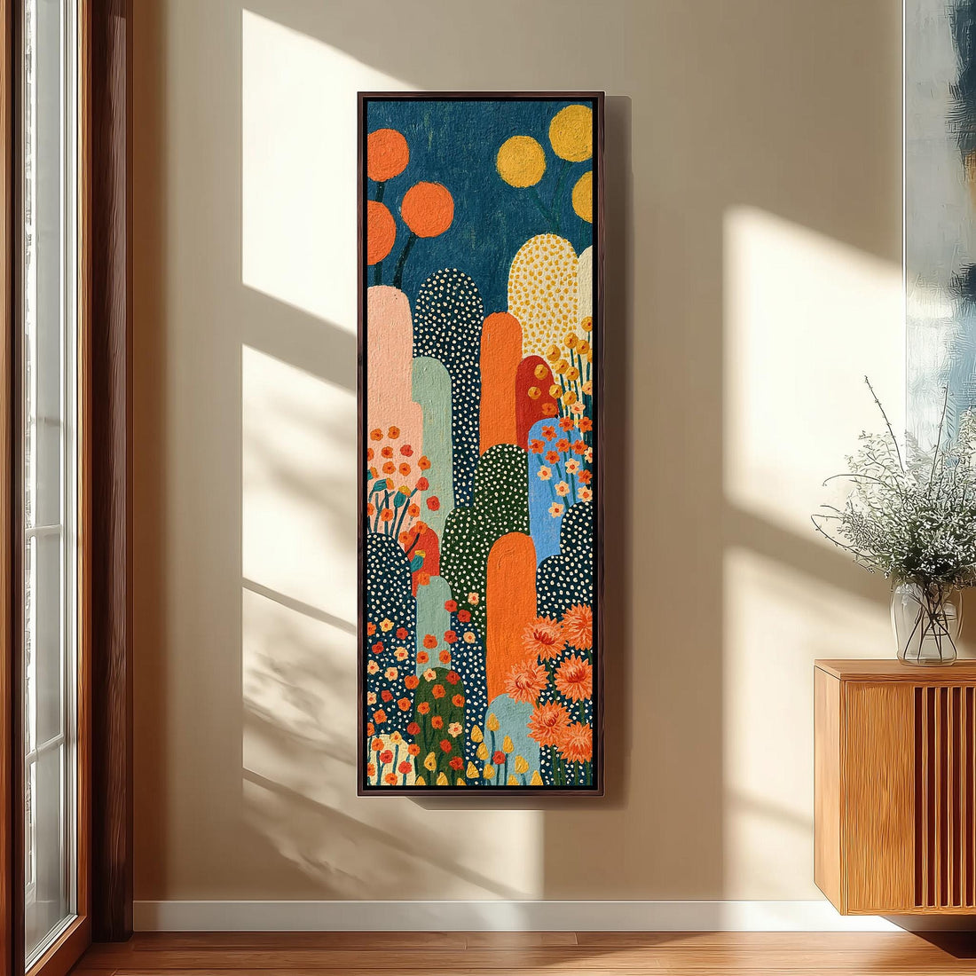 Folk art arches and flowers long vertical canvas print in a sunlit living space