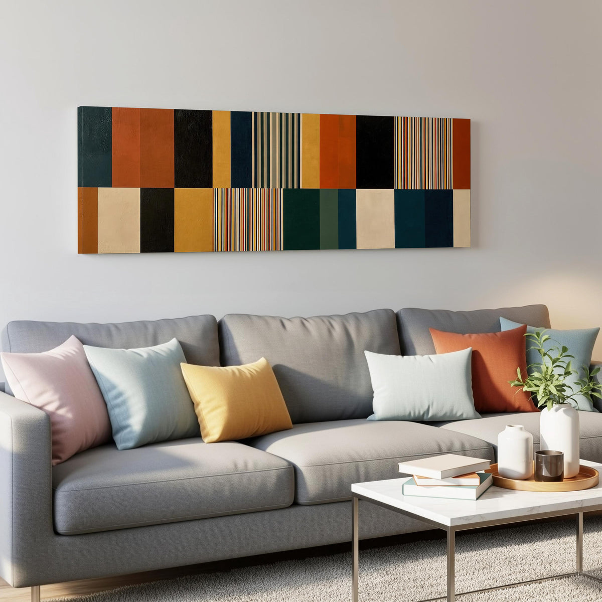 Autumn and teal stripe color blocks panoramic canvas print above a grey sofa in a living room