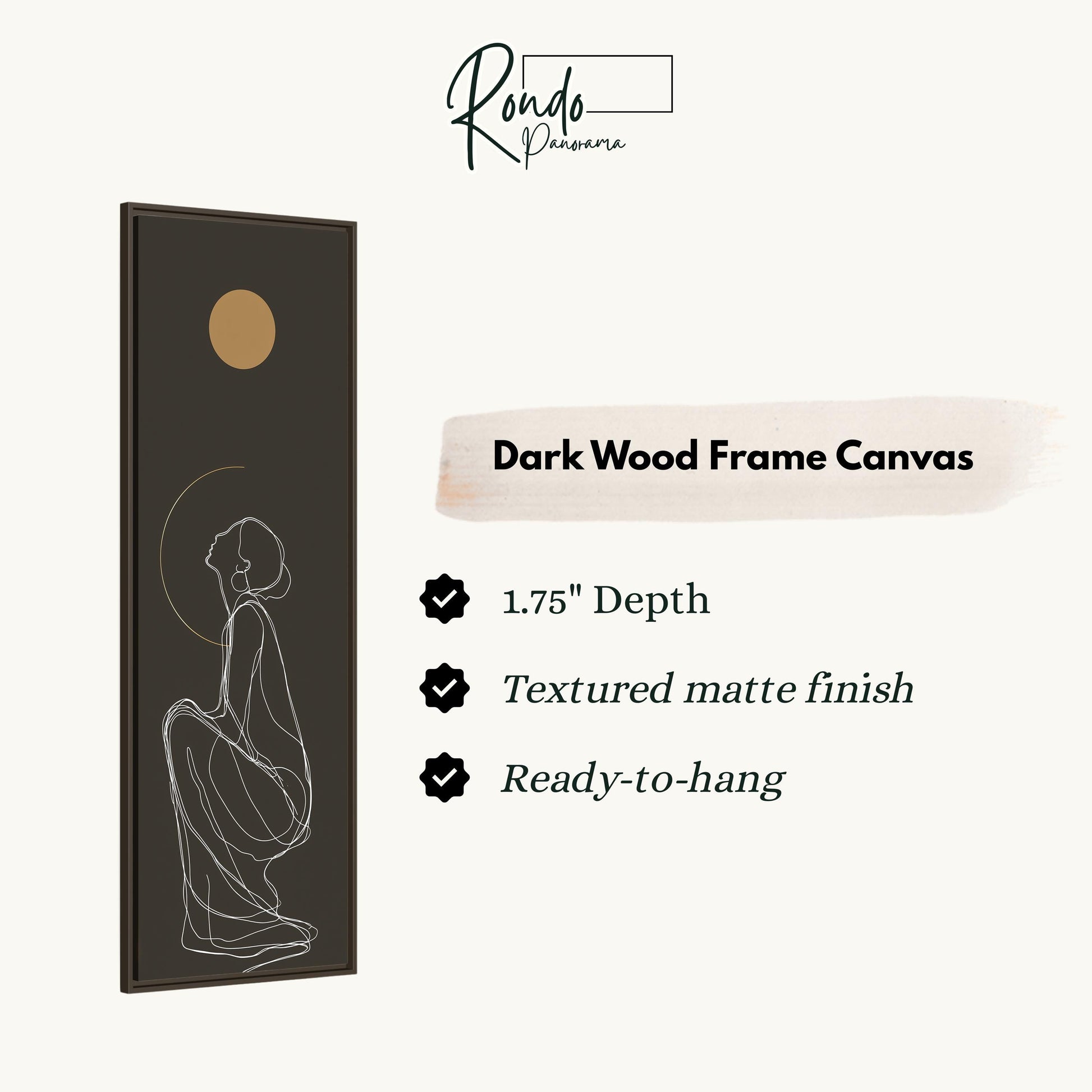 The image is a product description for a dark wood frame canvas. It features a line drawing of a woman in a seated position, with a gold circle above her head. The description highlights the canvas's 1.75" depth, textured matte finish, and ready-to-hang feature.