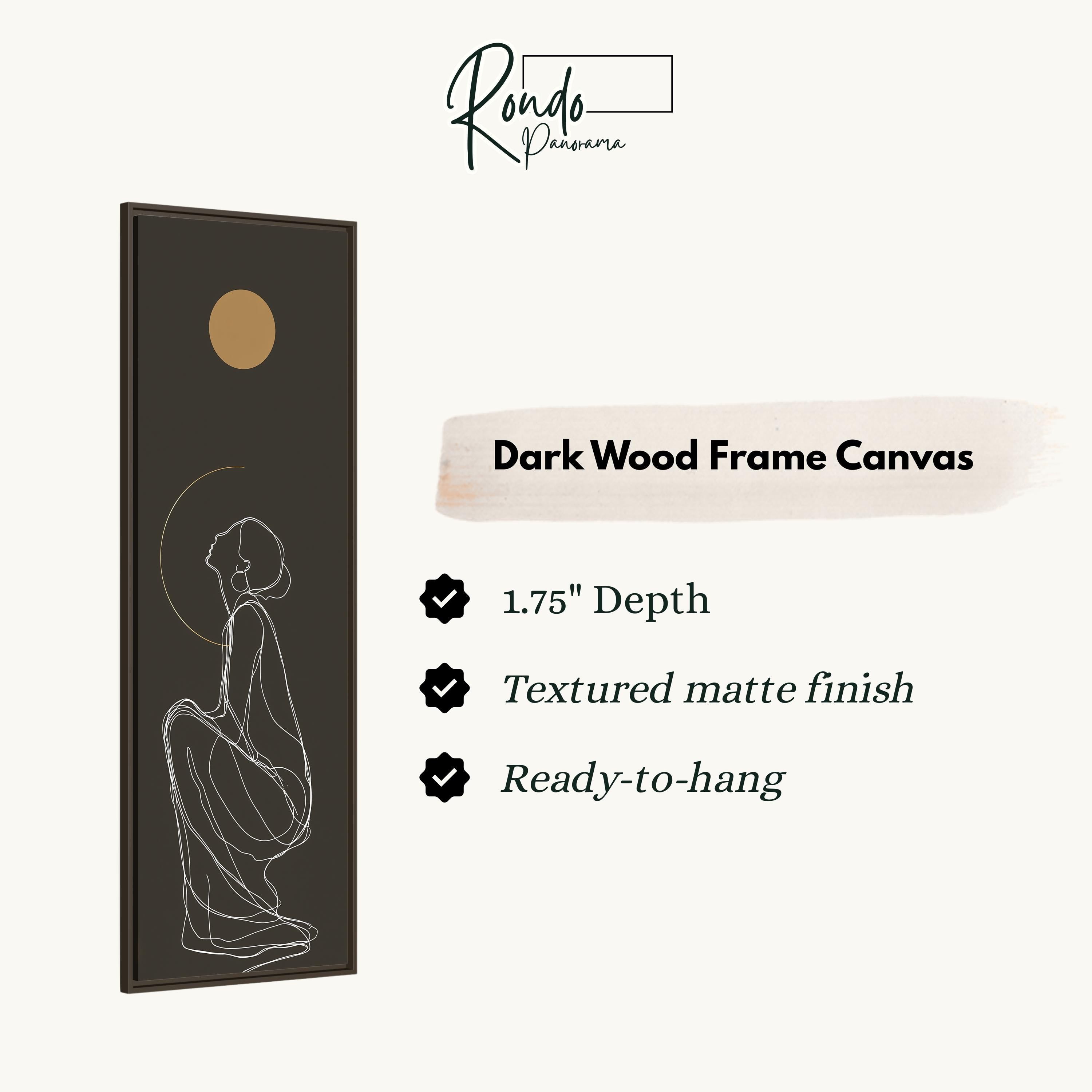 The image is a product description for a dark wood frame canvas. It features a line drawing of a woman in a seated position, with a gold circle above her head. The description highlights the canvas's 1.75" depth, textured matte finish, and ready-to-hang feature.