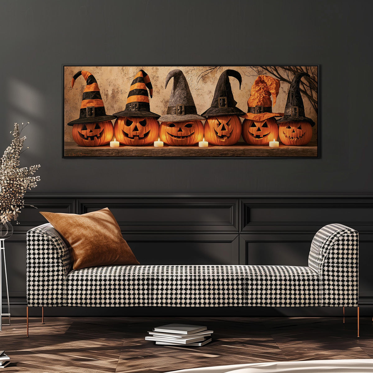 Jack-o'-lanterns wearing witch hats by candlelight wide panoramic canvas print above a bench in a dark living room