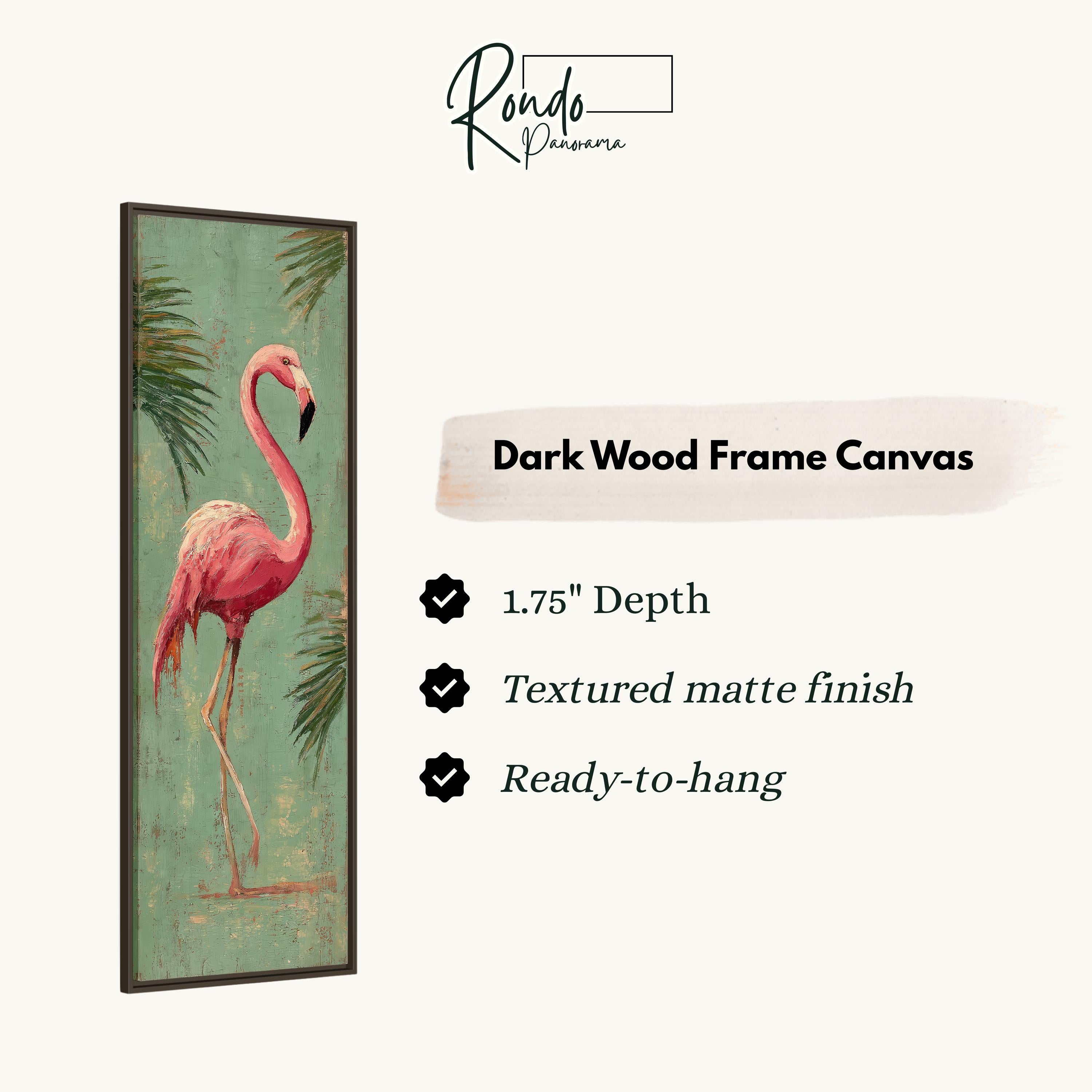 a framed artwork of a pink flamingo standing on one leg against a green background with palm leaves.