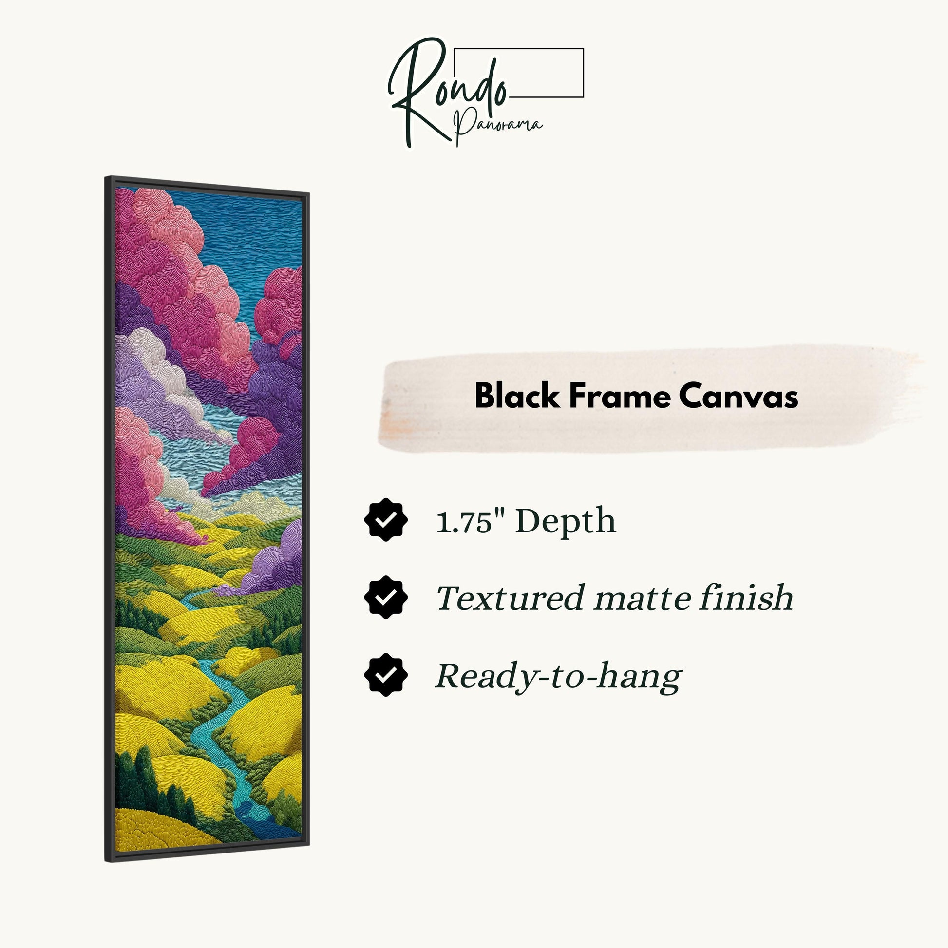 The image is a black frame canvas depicting a colorful landscape with a river and mountains.