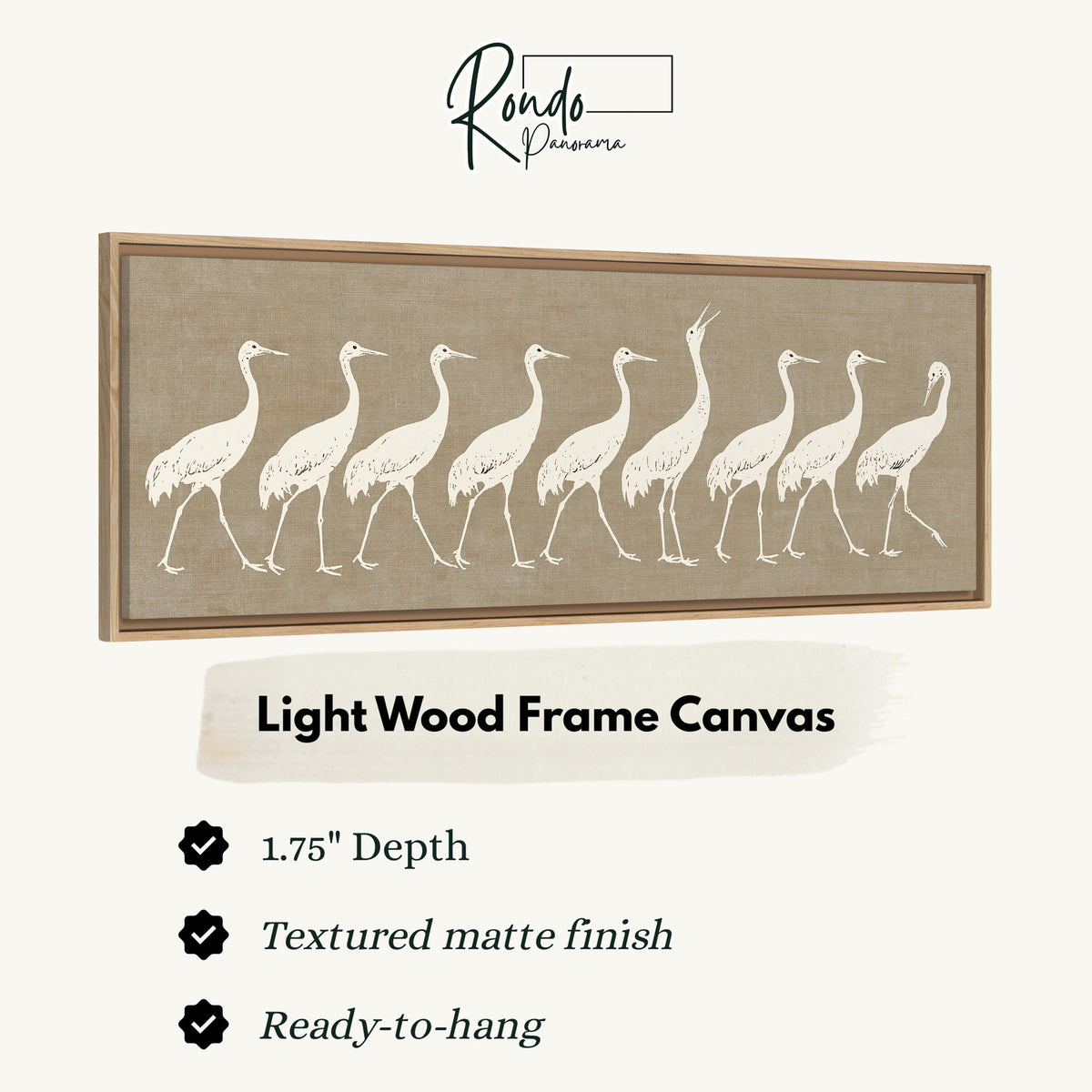 Procession of white cranes on linen canvas print in a light wood floating frame