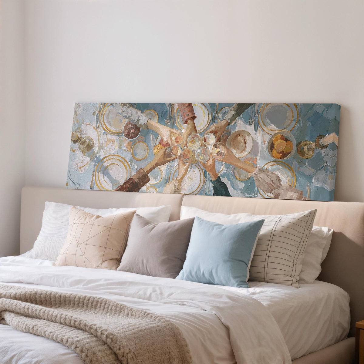 Elegant wine toast over a linen table wide panoramic canvas print above a bed in a bedroom