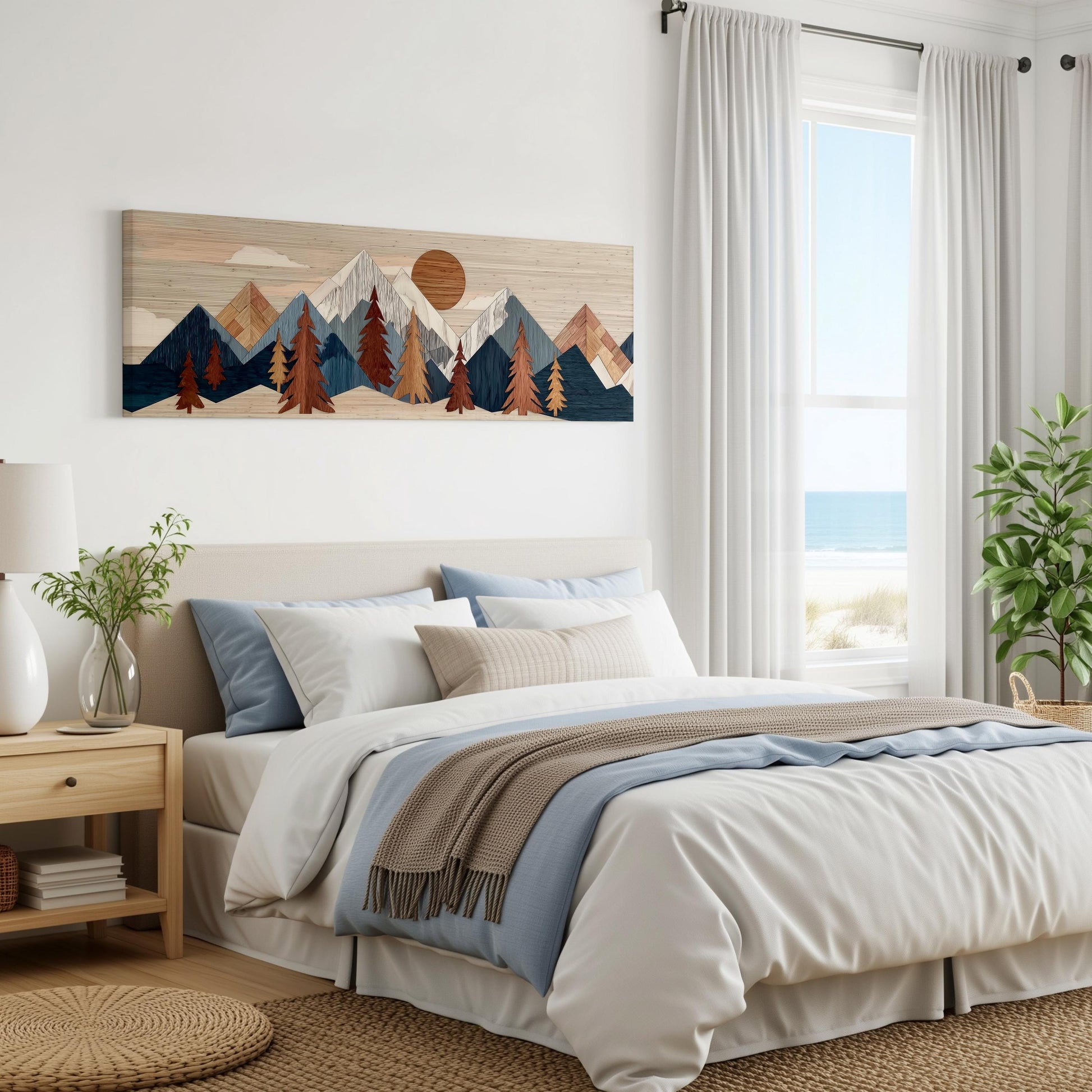 a serene bedroom with a large bed, a wooden nightstand, and a painting of mountains on the wall. The room has a calming and natural atmosphere, with a view of the ocean through a window.