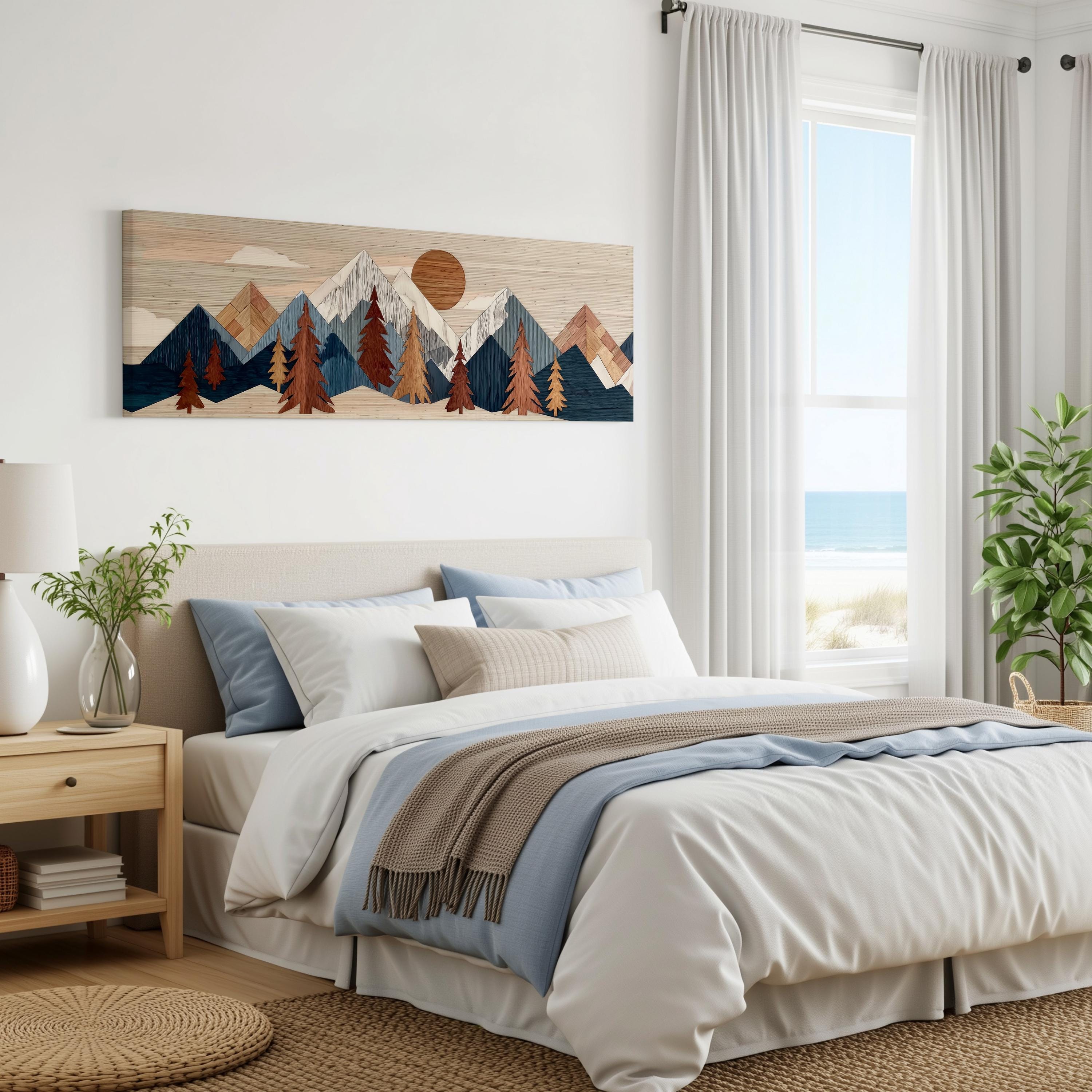 a serene bedroom with a large bed, a wooden nightstand, and a painting of mountains on the wall. The room has a calming and natural atmosphere, with a view of the ocean through a window.
