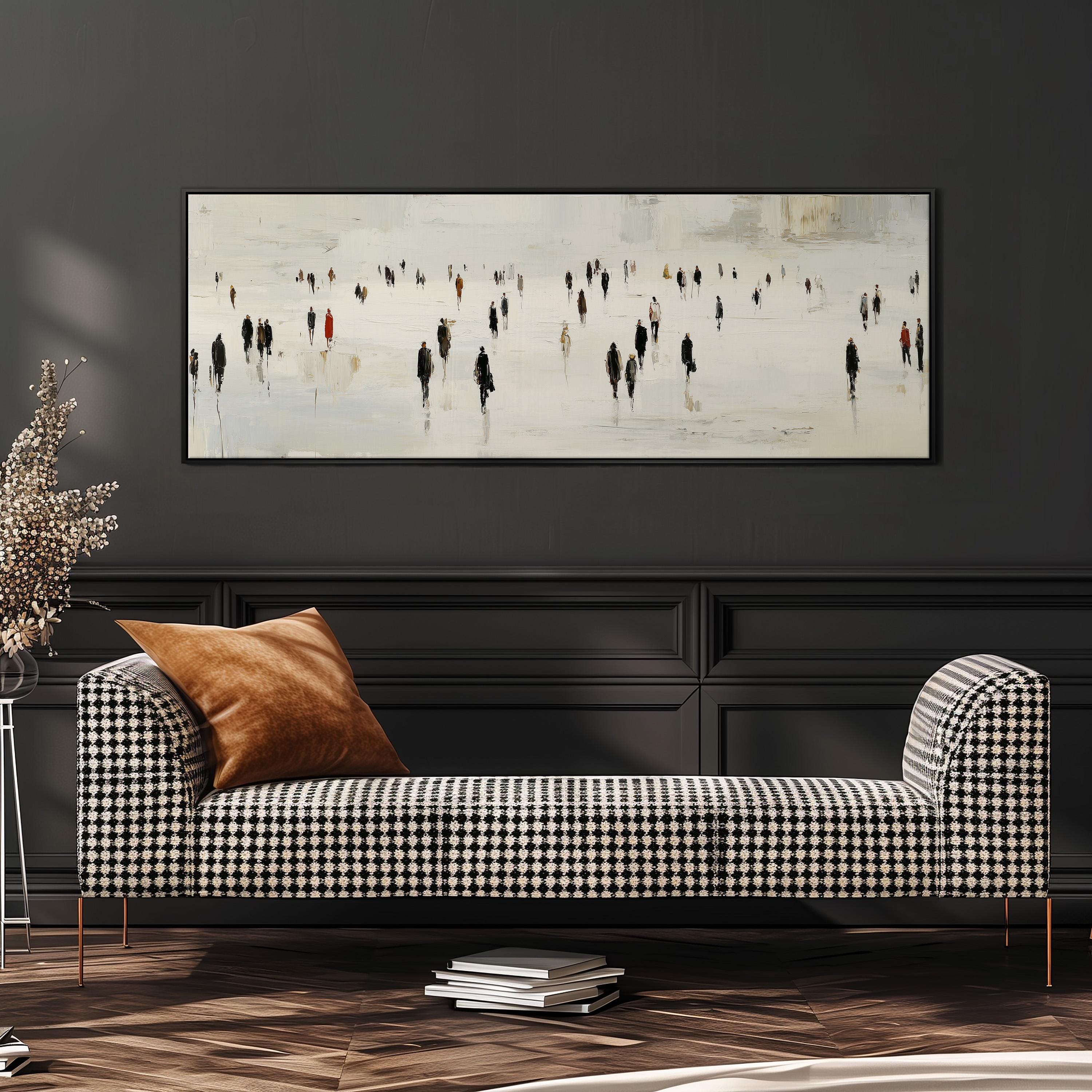 a black and white checkered sofa with a brown throw pillow, set against a dark wall with a large painting of people in the background.