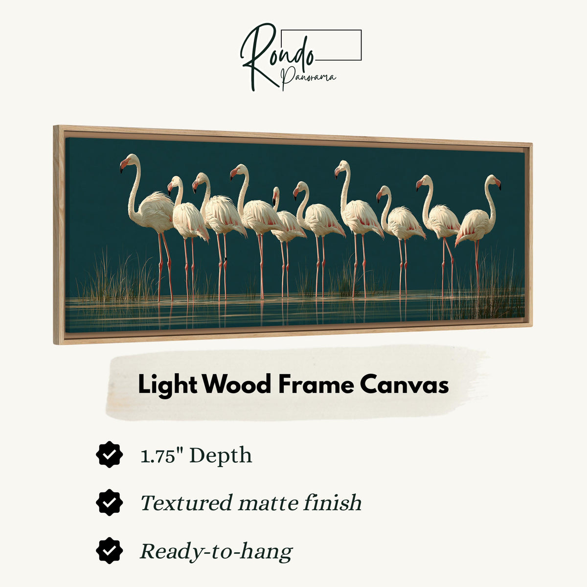 Pale flamingos wading on teal canvas print in a light wood floating frame