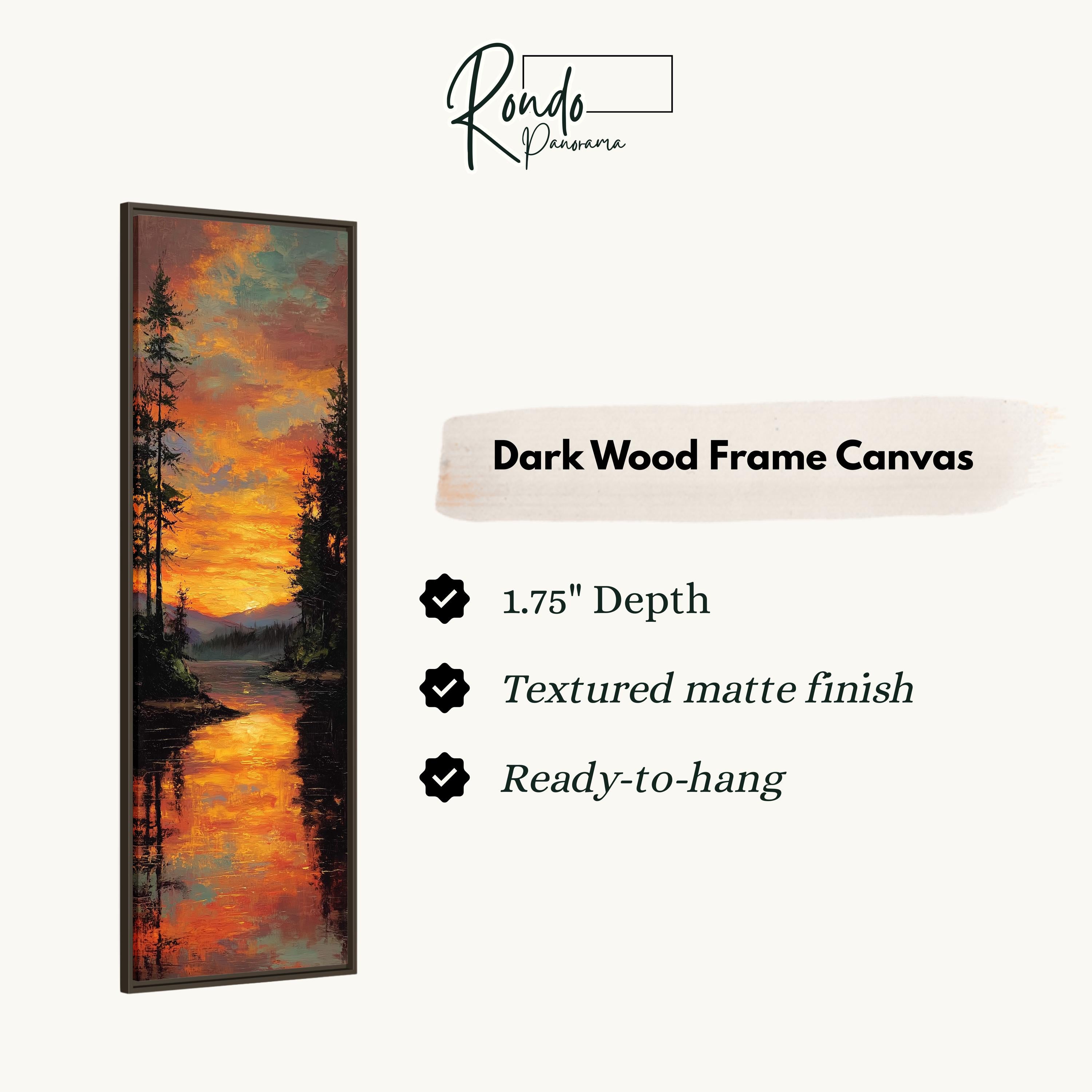 The image is a rectangular dark wood frame canvas depicting a sunset over a forest.