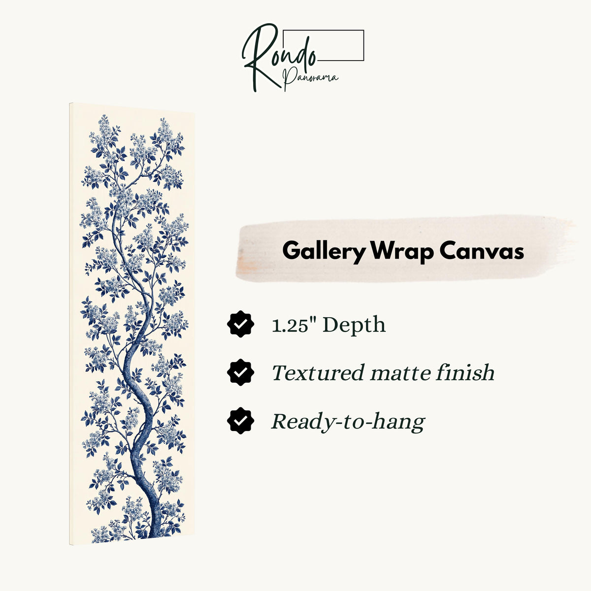 Blue chinoiserie blossom branch on cream gallery wrap canvas with the image wrapped around the edges