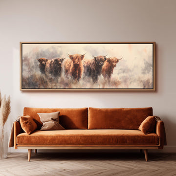 a large painting of a group of brown cows on a white background, hanging on a wall above a brown sofa.