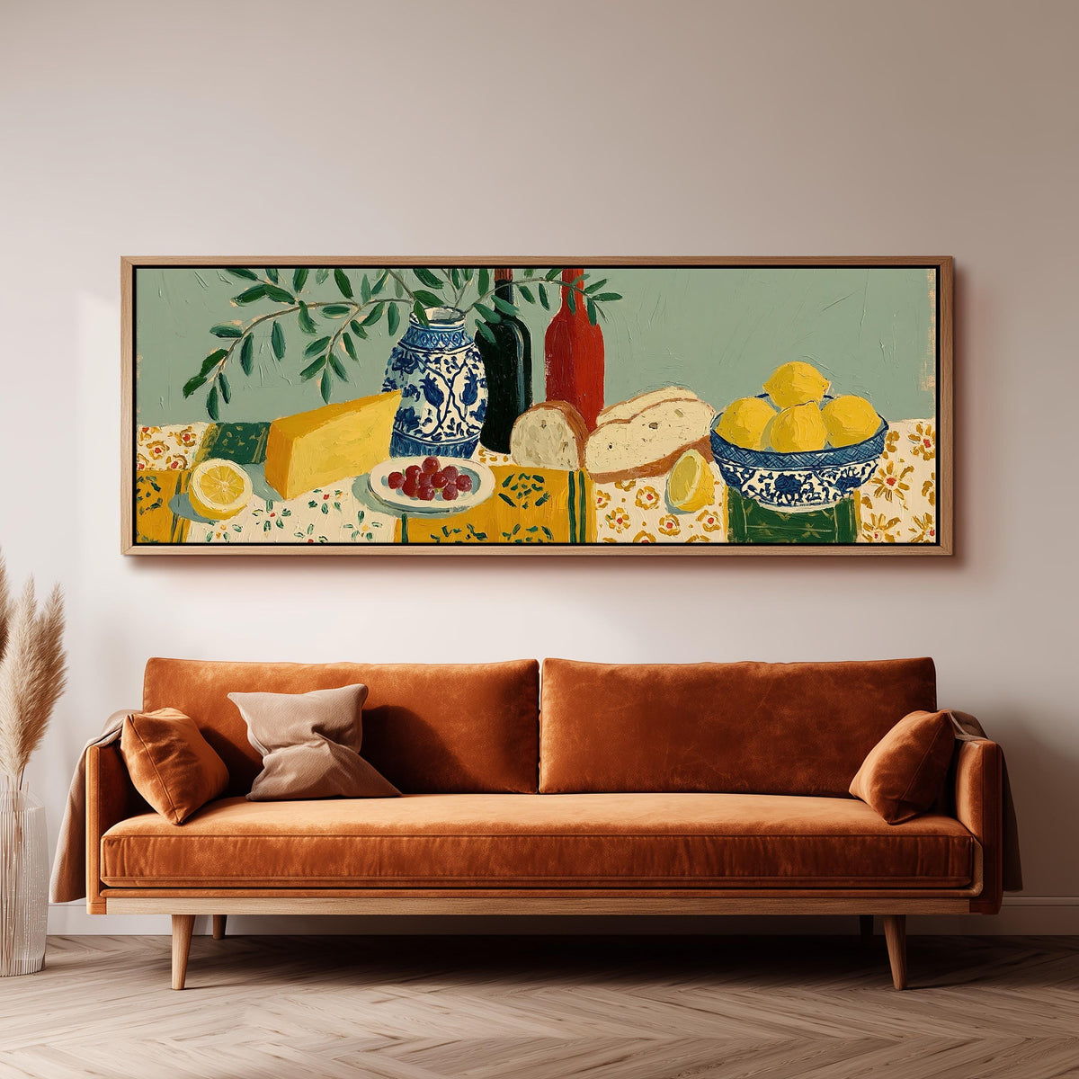 Cheese, wine and lemon spread wide panoramic canvas print above a bench in a dark living room