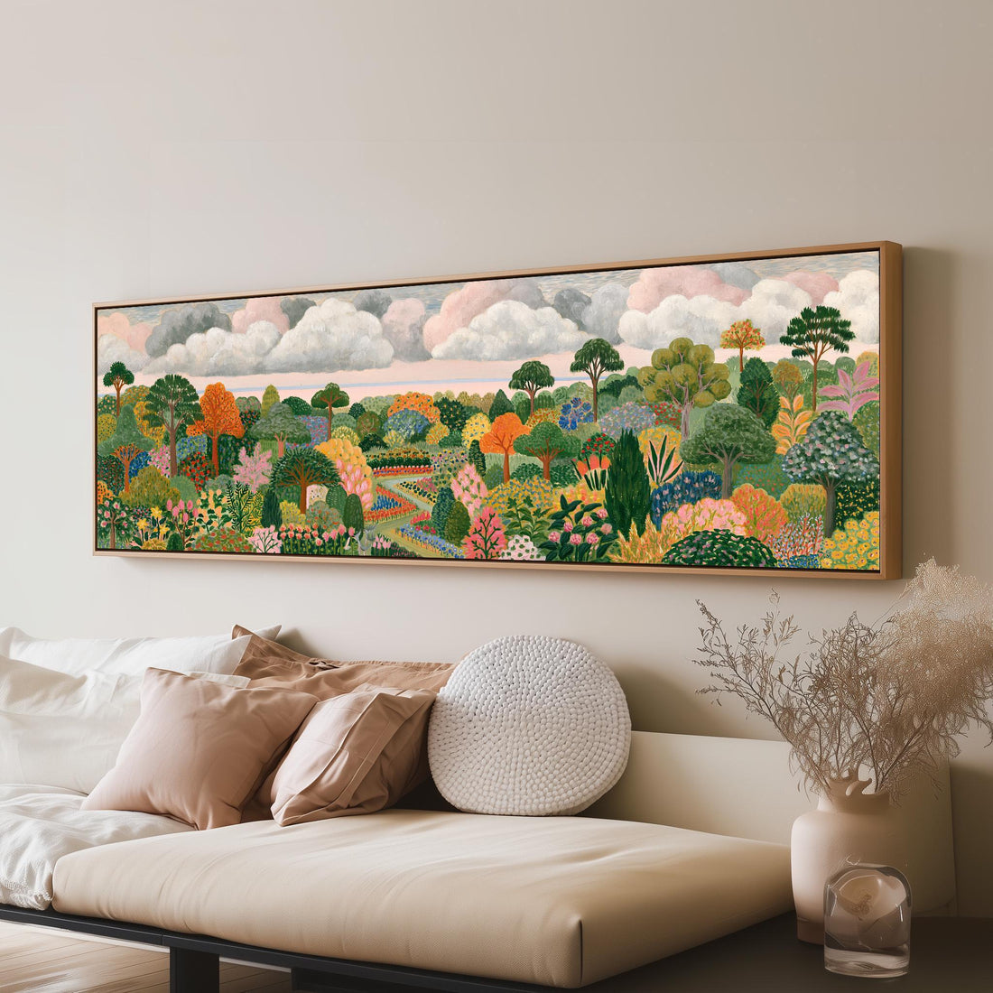 Autumn folk art forest of patterned trees long horizontal canvas print above a sofa in a living room