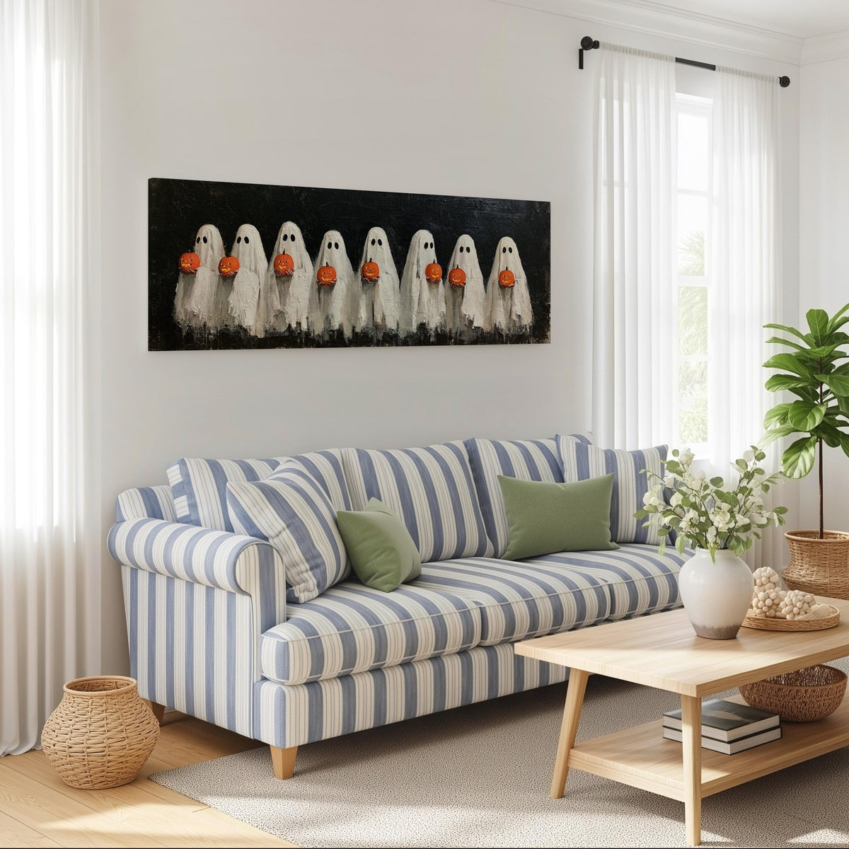 Crowd of huddled ghosts with pumpkins long horizontal canvas print above a striped sofa in a coastal living room