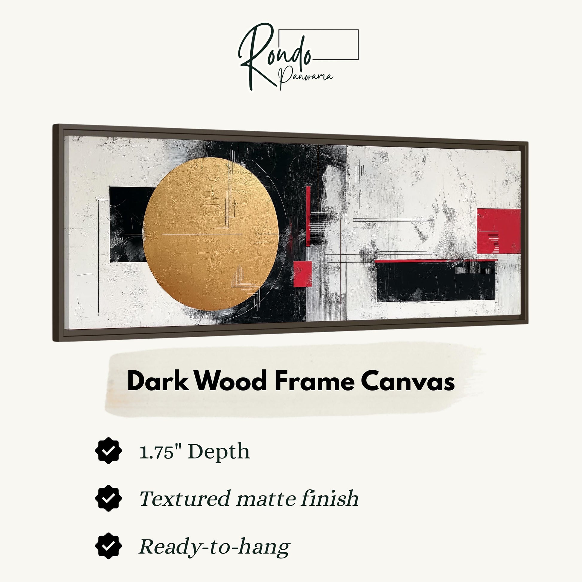 The image is a framed artwork with a dark wood frame. The artwork is a canvas with a gold circle and black and white abstract shapes. The frame has a 1.75" depth and is textured with a matte finish. It is ready to hang.