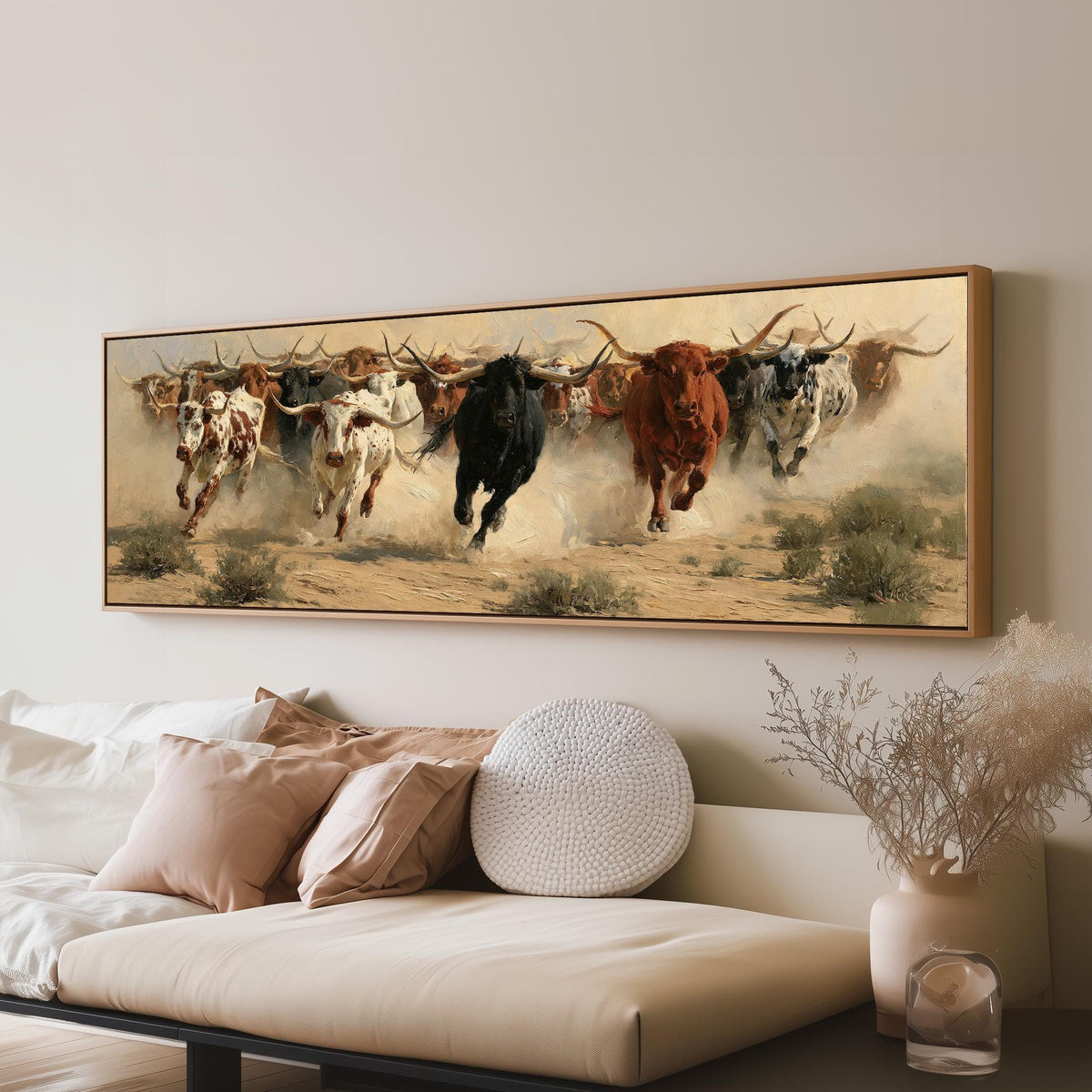 Charging longhorn herd long horizontal canvas print above a sofa in a living room