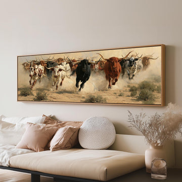 Charging longhorn herd long horizontal canvas print above a sofa in a living room