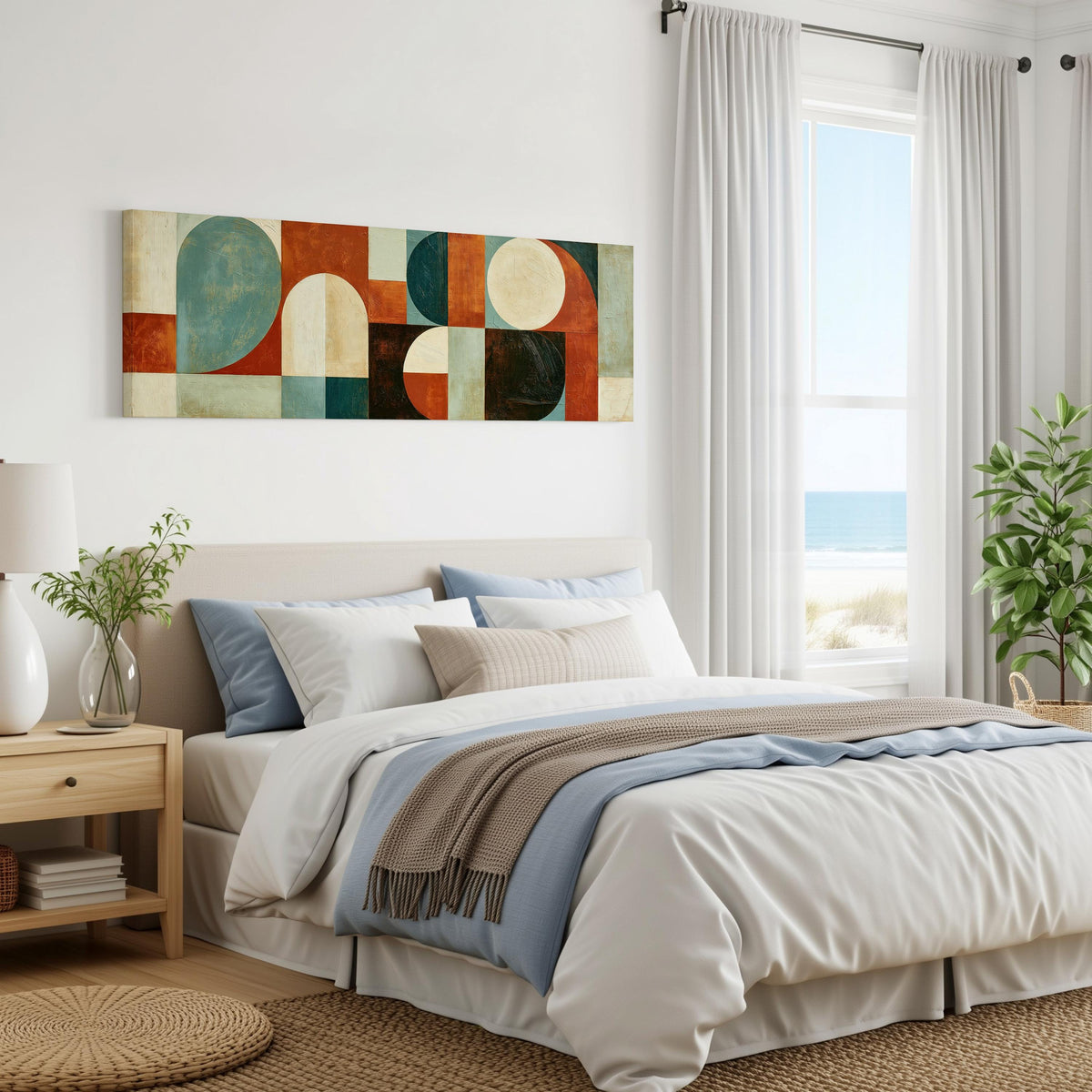 Teal and rust arch and circle shapes panoramic canvas print above a bed in a coastal bedroom