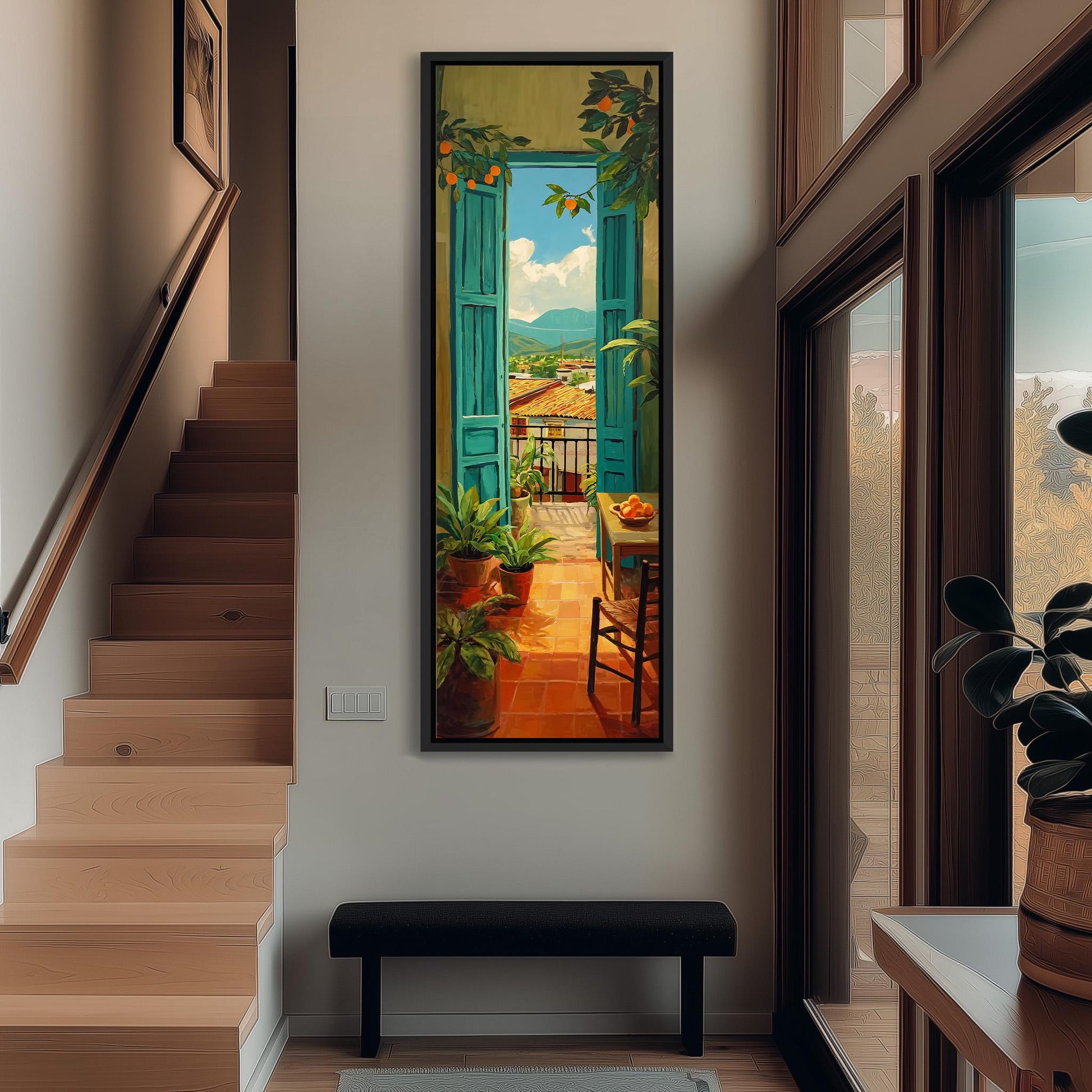 a large painting of a balcony with a view of a mountainous landscape, hanging on the wall of a hallway.