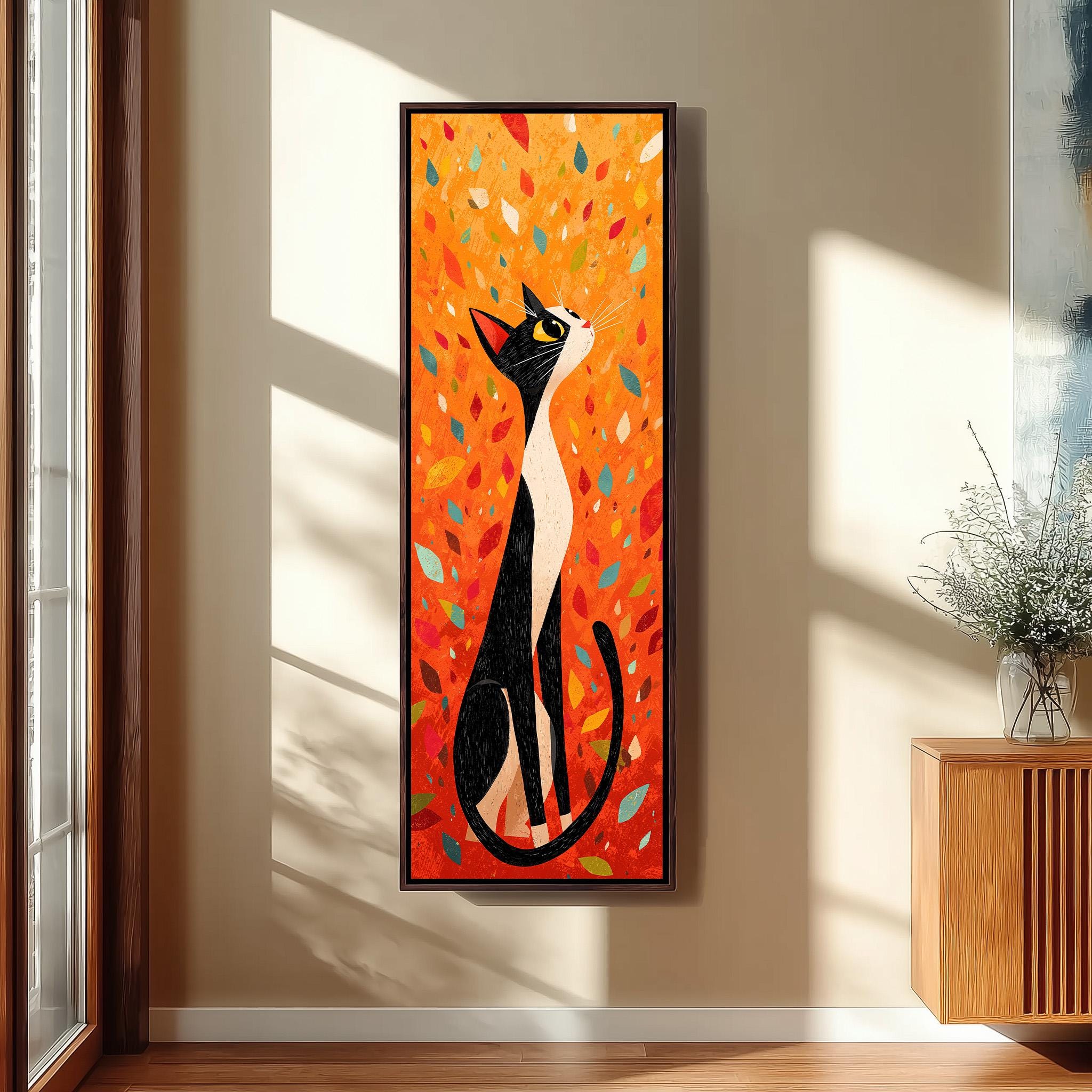 a large, colorful painting of a cat with a black and white coat, sitting on a wooden surface and looking up at the ceiling.