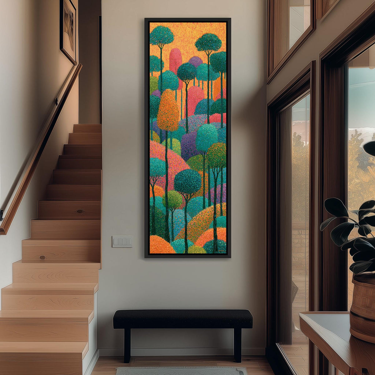 Dotted rainbow forest tall narrow canvas print beside a staircase in an entryway