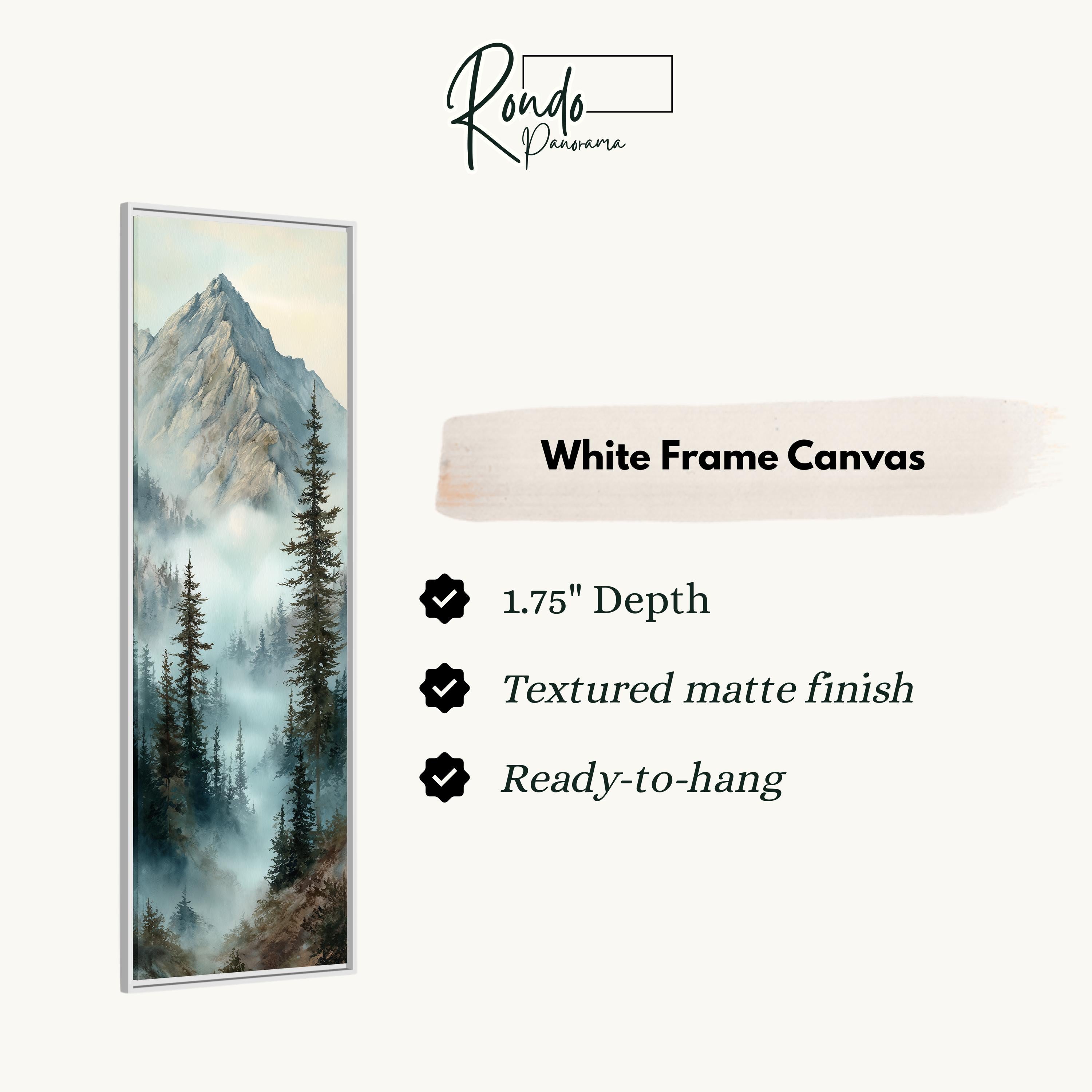 The image is a white frame canvas depicting a mountain landscape with pine trees and misty mountains.
