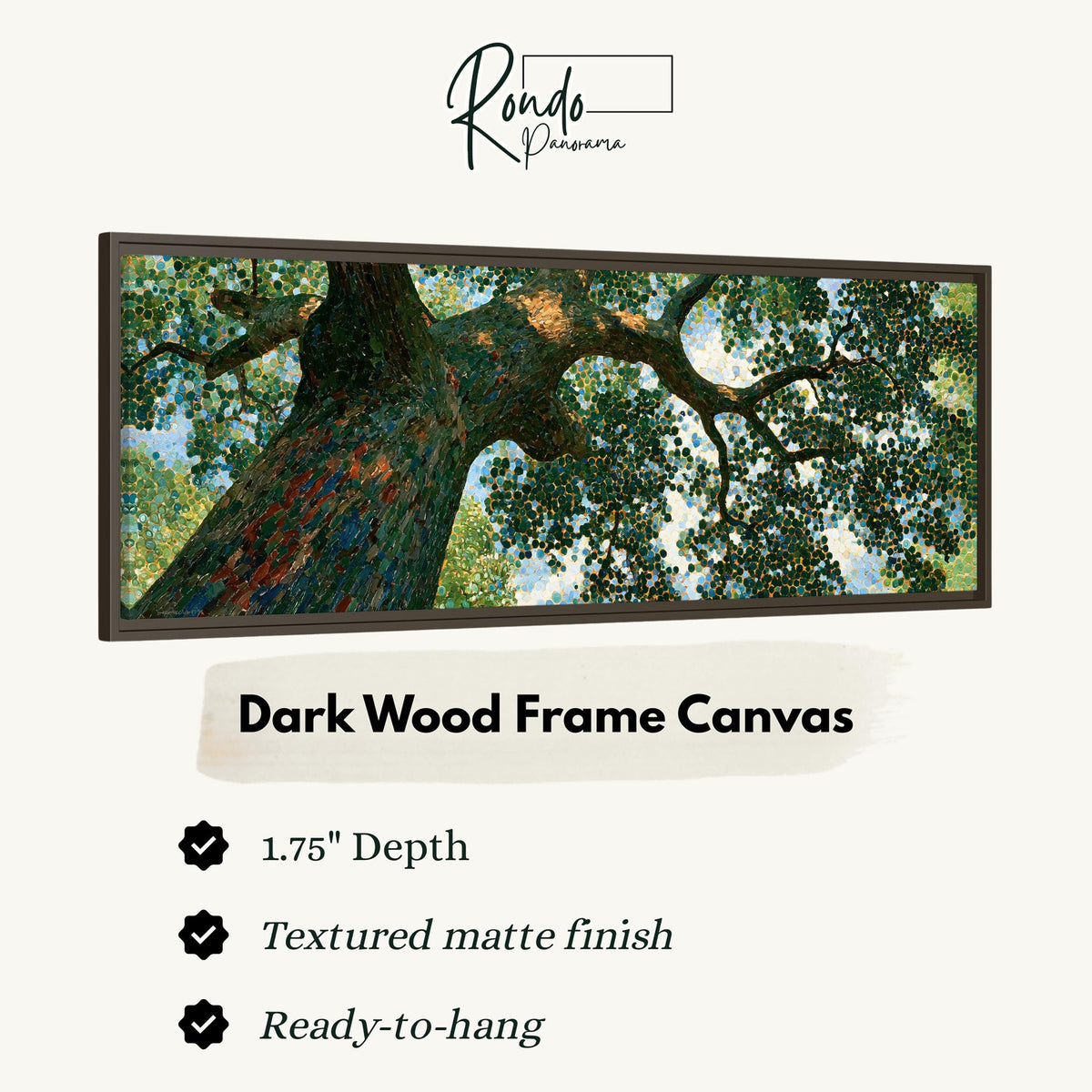 Looking up into an oak canopy canvas print in a dark wood floating frame