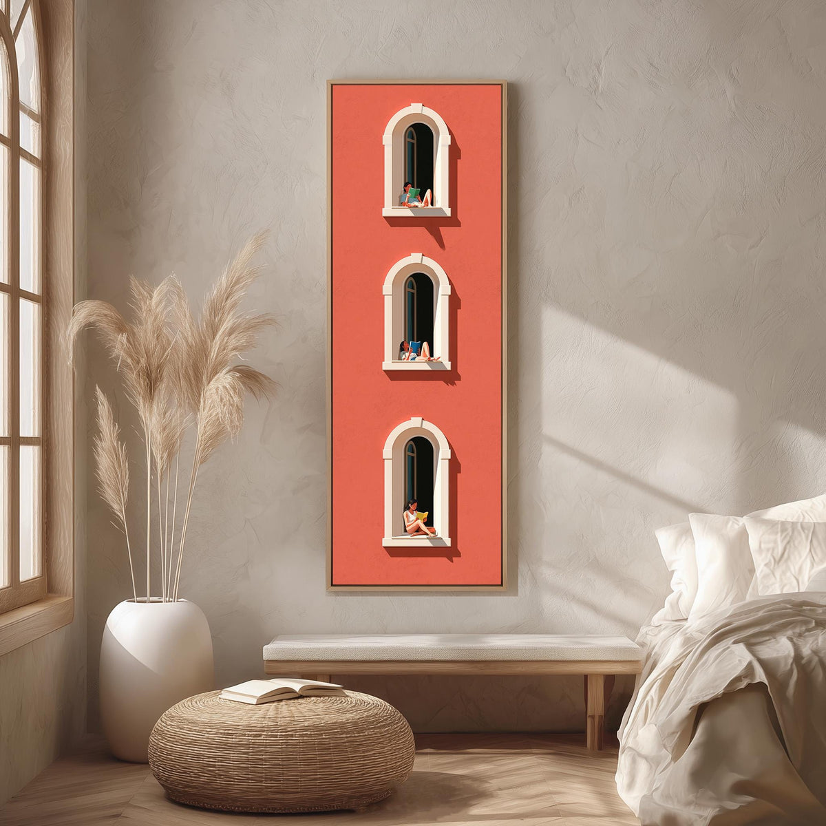People reading in three arched windows on a coral wall long vertical canvas print in a bright reading corner