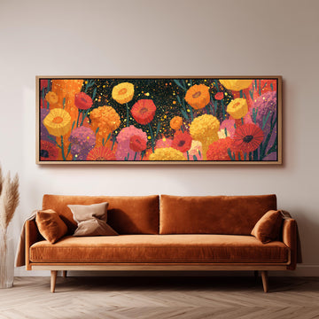 Confetti poppy field long horizontal canvas print above a sofa in a living room